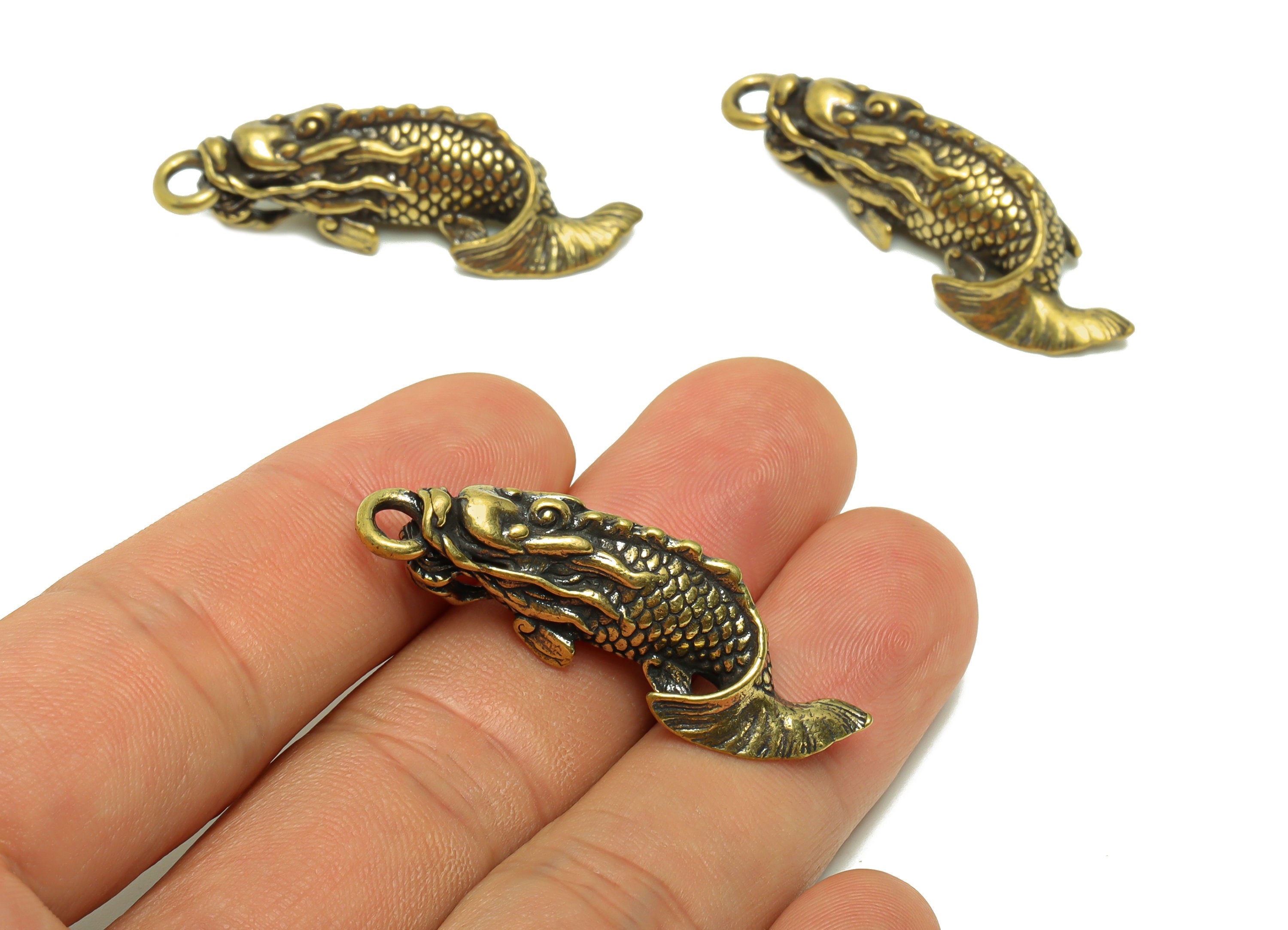 Brass Arowana Charm - Raw Brass Arowana Earring Charms - Antique Looking Pendant - Arowana Textured Figure - 41.7x13.58x9.9mm- PP8763 - DOMEDBAZAAR