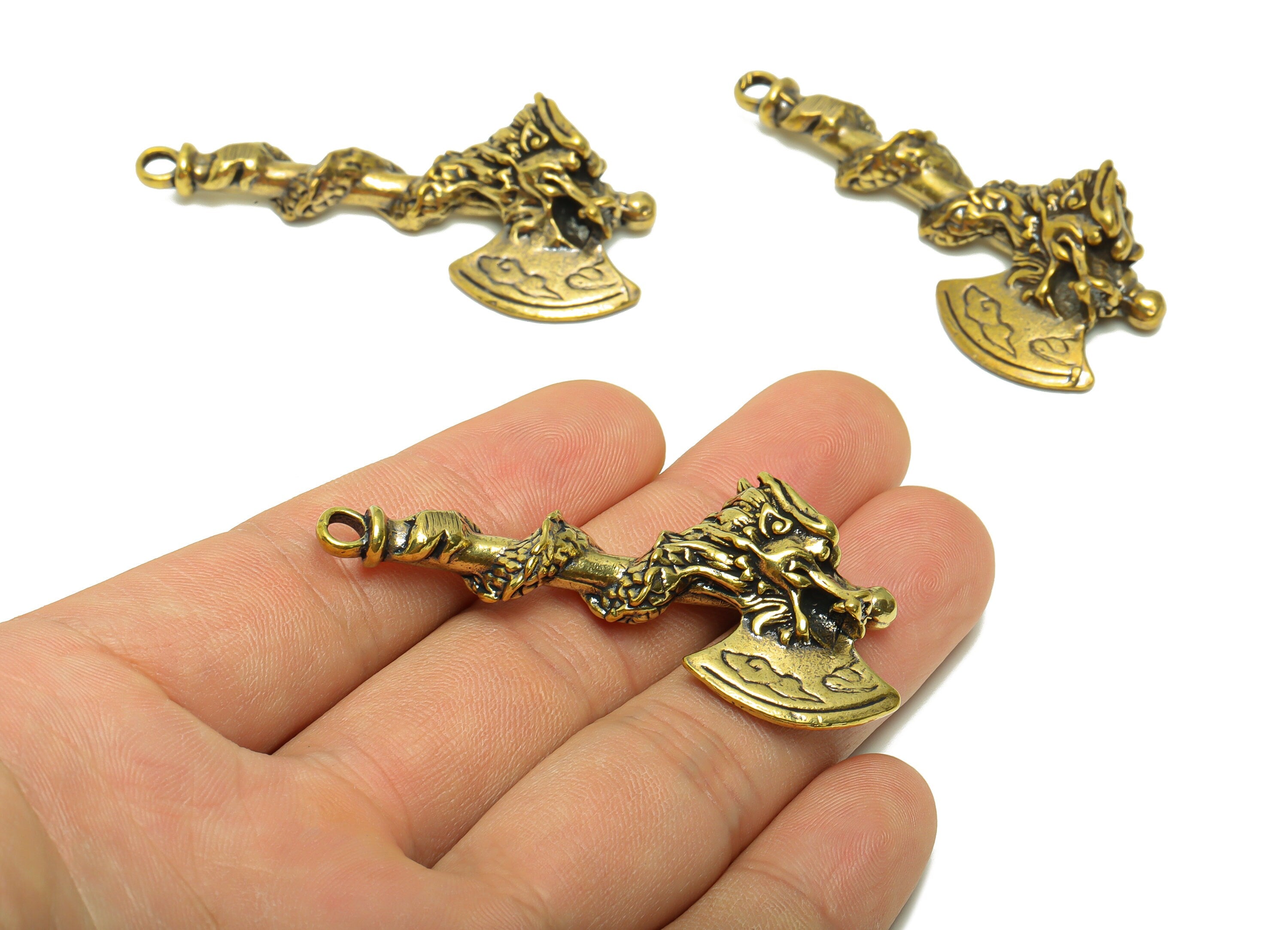Brass Hatchet Charm - Raw Brass Dragon Hatchet Charms - Dragon Hatchet Figure - Antique Looking Pendant - Axe Pendant - 58x27x10mm-PP8743 - DOMEDBAZAAR