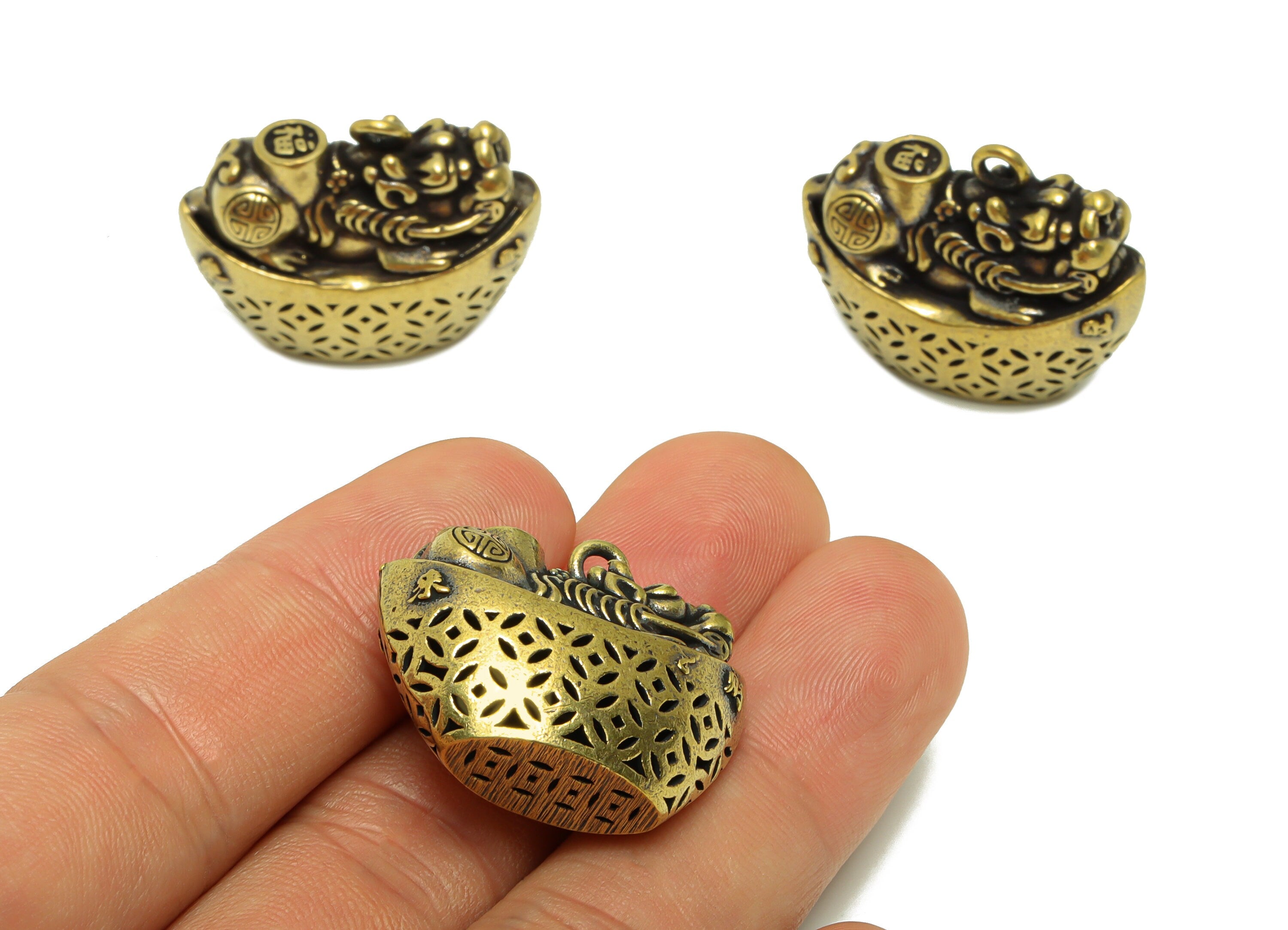 Brass Gold Ingot Charm - Raw Brass Money Charms - Dragon Money Figure - Antique Looking Pendant - Money Pendant - 25x30x14mm-PP8760 - DOMEDBAZAAR