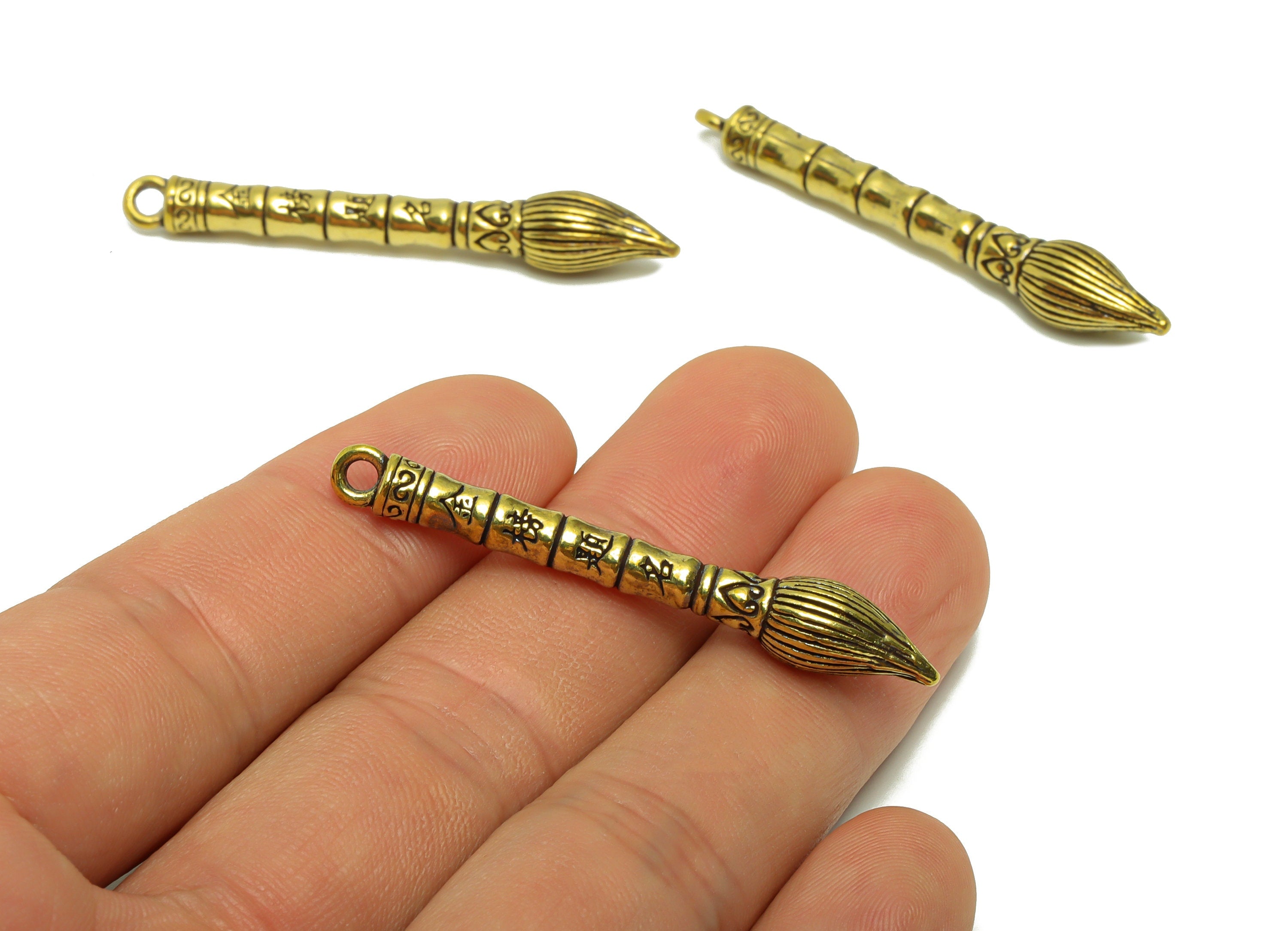 Brass Writing brush Charms - Raw Brass Pen Earring Charm - Textured Pen Figure - Antique Looking Pendant - Pen Pendant - 49x7x4mm - PP8735 - DOMEDBAZAAR