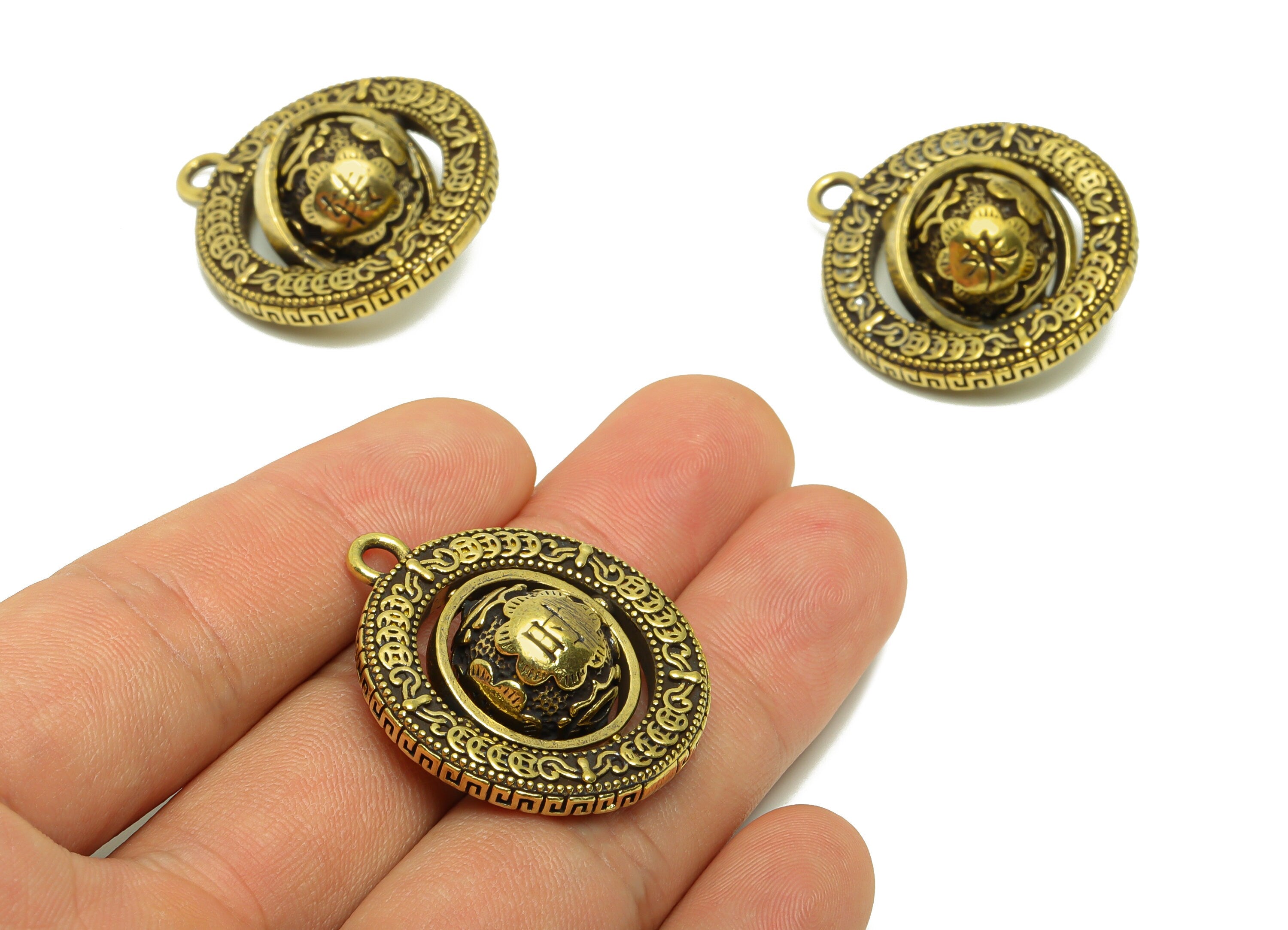 Brass Turning Charm - Raw Brass Turning Ball Earring Charm - Textured Figure - Antique Looking Pendant - Ball Pendant - 34x30x14mm -PP8781 - DOMEDBAZAAR