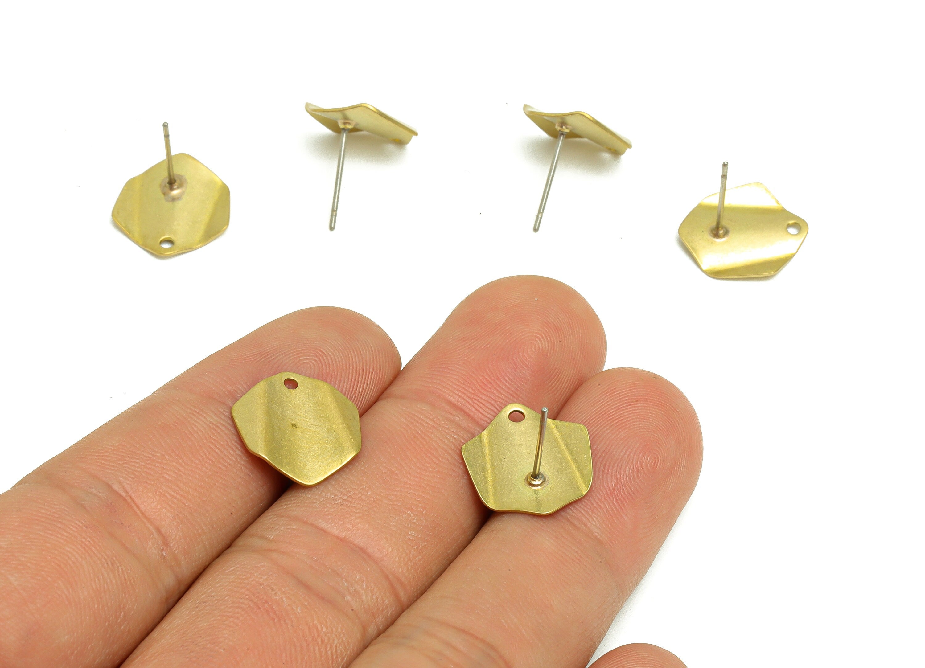 Brass Hexagon Earring Post - Raw Brass Earring Stud - Brass Wavy Post - Brass Geometry Post - Jewelry Supplies - 14.44x13.78x0.7mm - PP8842 - DOMEDBAZAAR