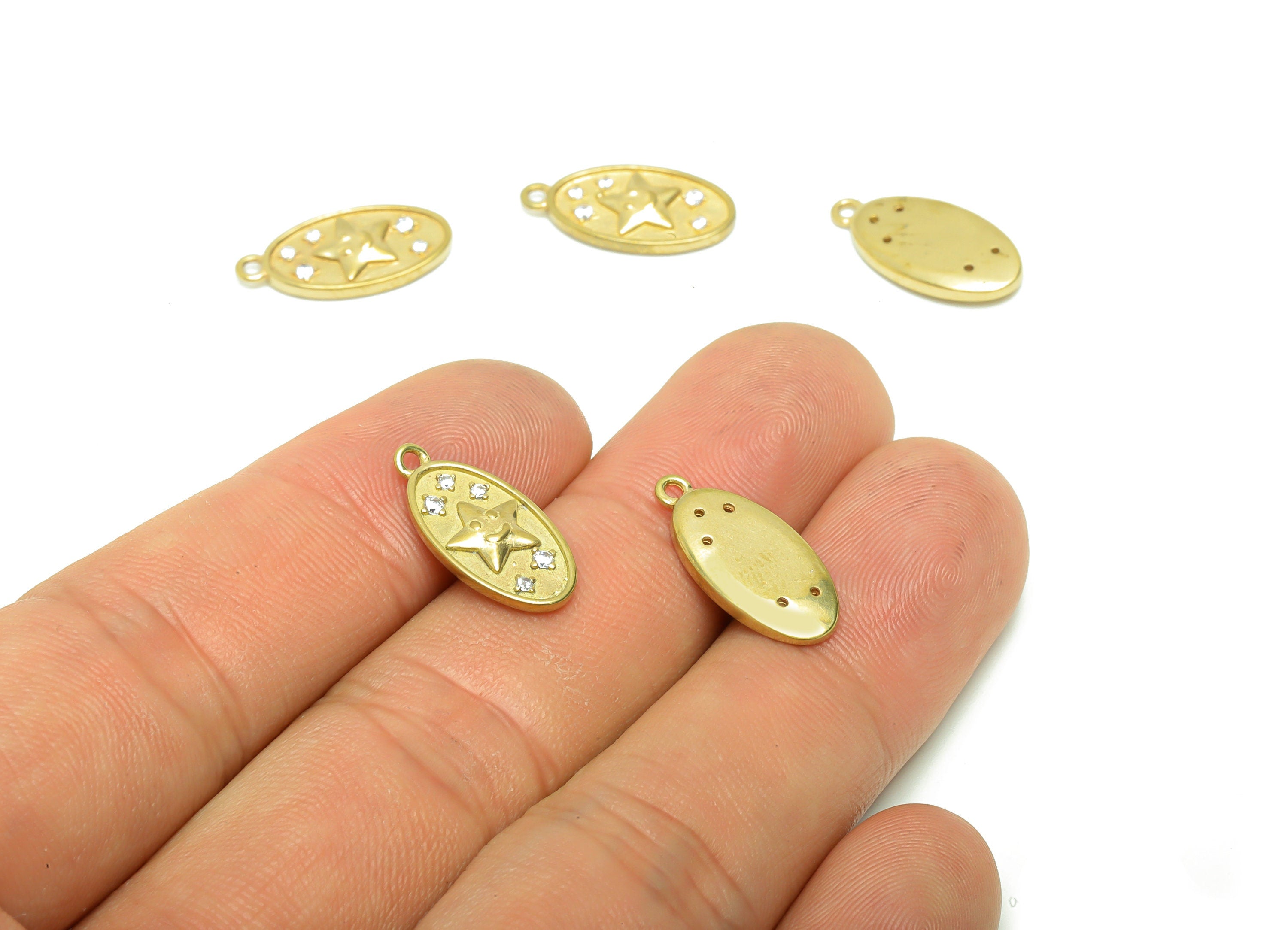 Brass Happy Cloud Face Earring Charm - Raw Brass Star Pendant - Star Face For Necklace - Brass Zircon Earring Charms - 17x8x2mm - PP8703 - DOMEDBAZAAR