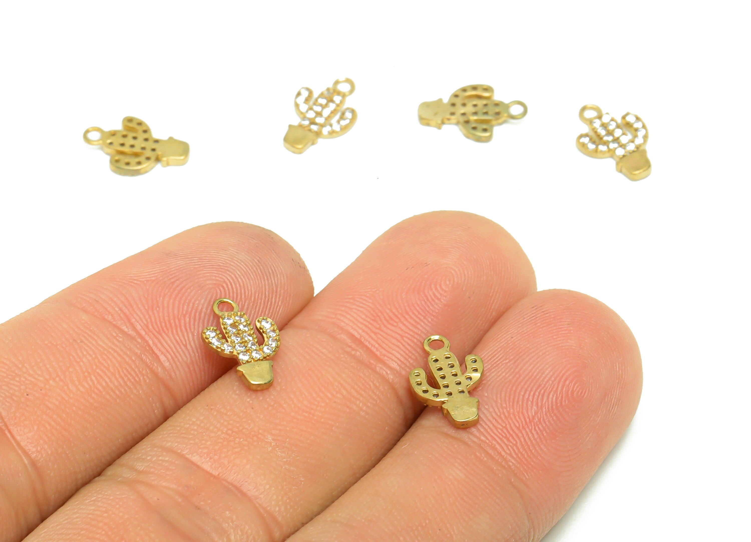 Brass Celestial Cactus Earring Charm - Raw Brass Cactus Pendant - Brass Cubic Zircon Cactus - Brass Botanical Pendant - 11x7x1.28mm - PP8686 - DOMEDBAZAAR