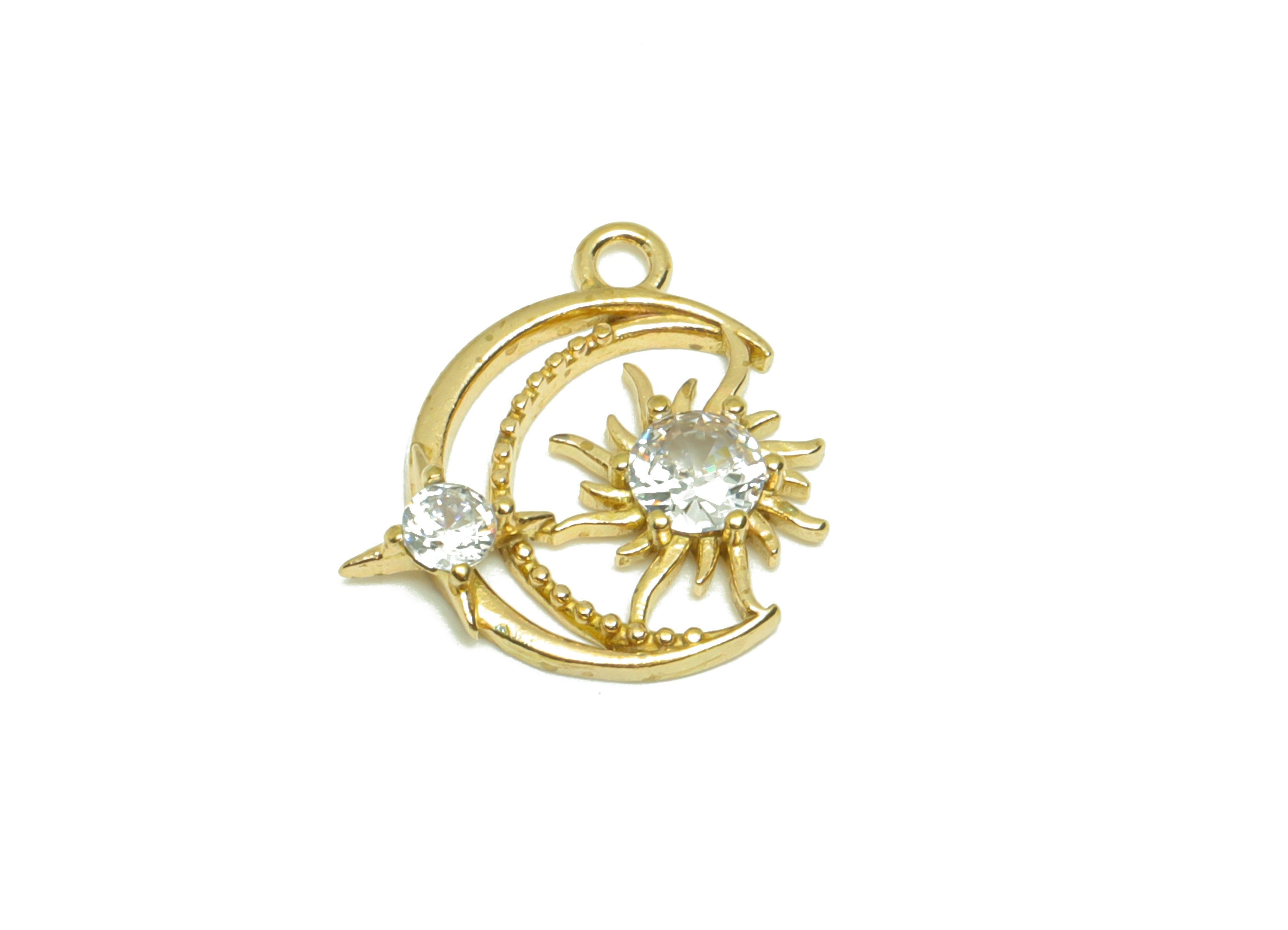 Brass Crescent Earring Charm - Raw Brass Sunshine Pendant - Brass Cubic Zircon Moon Sun Earring Charms - 12.81x6.62x2.61mm - PP8685 - DOMEDBAZAAR