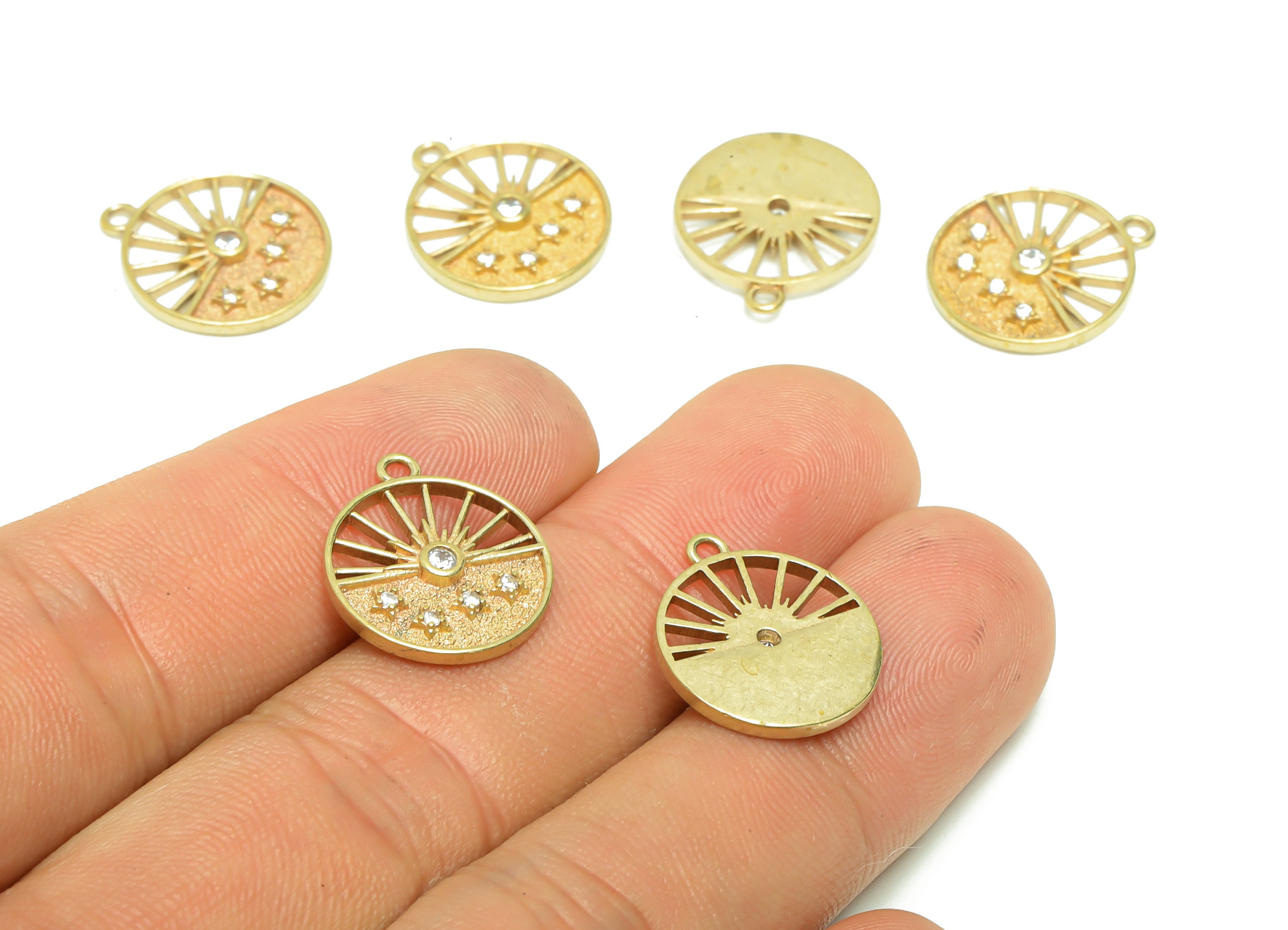 Brass Sunshine Earring Charm - Raw Brass Sunshine Pendant - Brass Star Cubic Zircon Earring Charms - Brass Sun Charm - 17x14.99x2mm- PP8689 - DOMEDBAZAAR