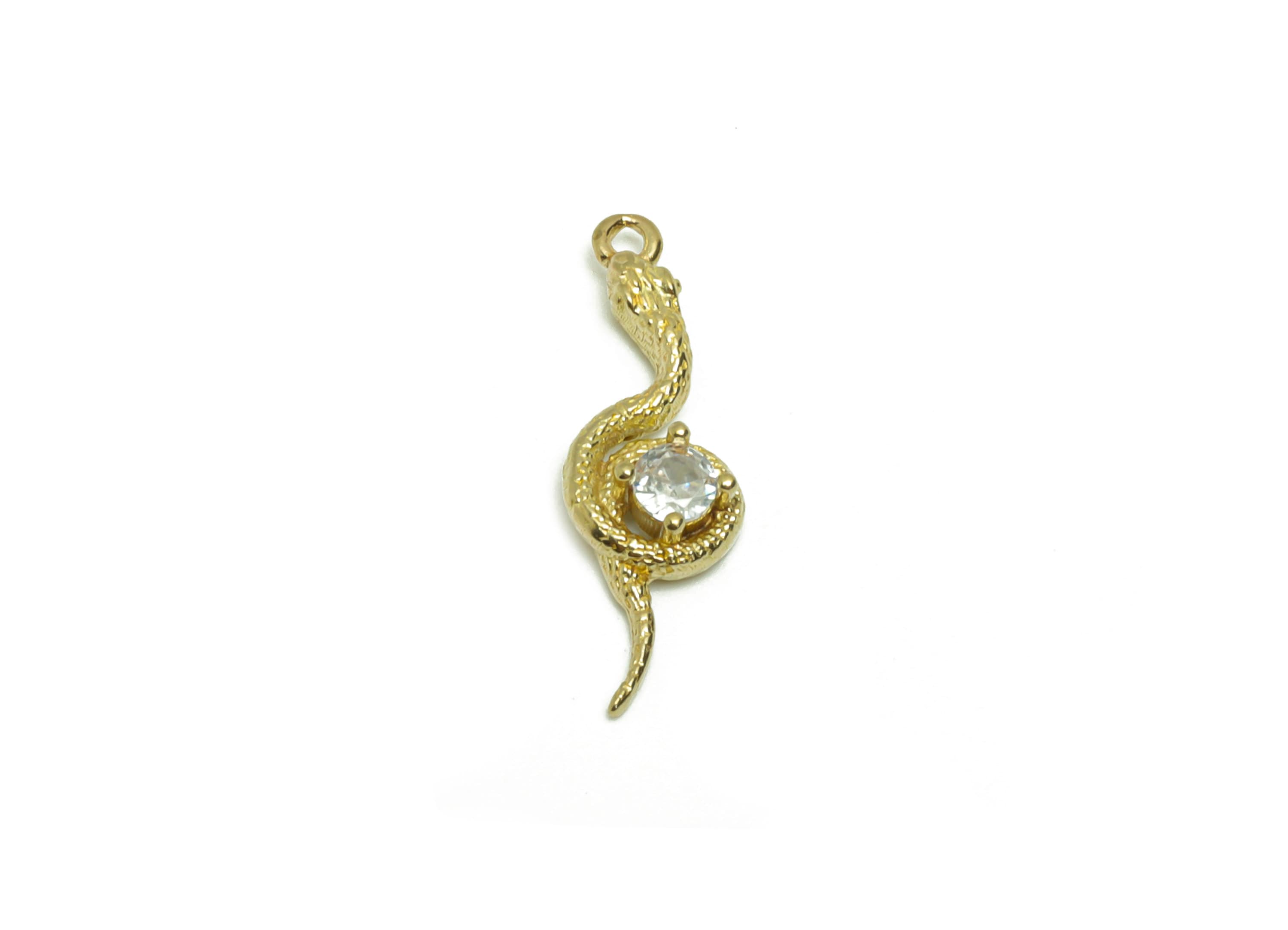 Brass Snake Earring Charm - Raw Brass Snake Pendant - Brass Cubic Zircon Earring Charms - Brass Baby Snake Charm - 20x6x3.38mm- PP8679 - DOMEDBAZAAR