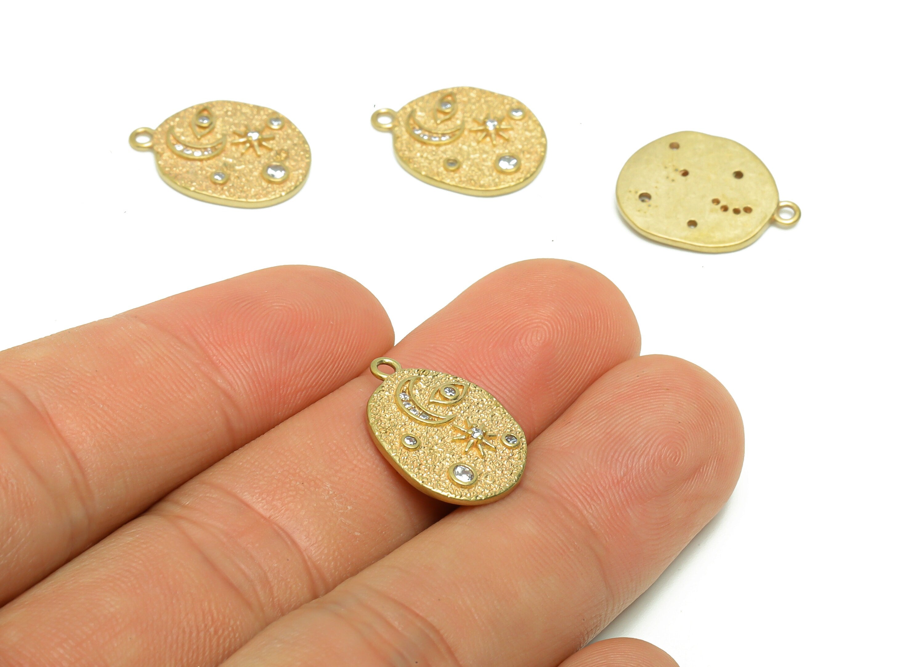 Brass Crescent Earring Charm - Raw Brass Star Pendant - Brass Cubic Zircon Earring Charms - Brass Star Eye Charm - 18.32x13.5x1.9mm - PP8680 - DOMEDBAZAAR