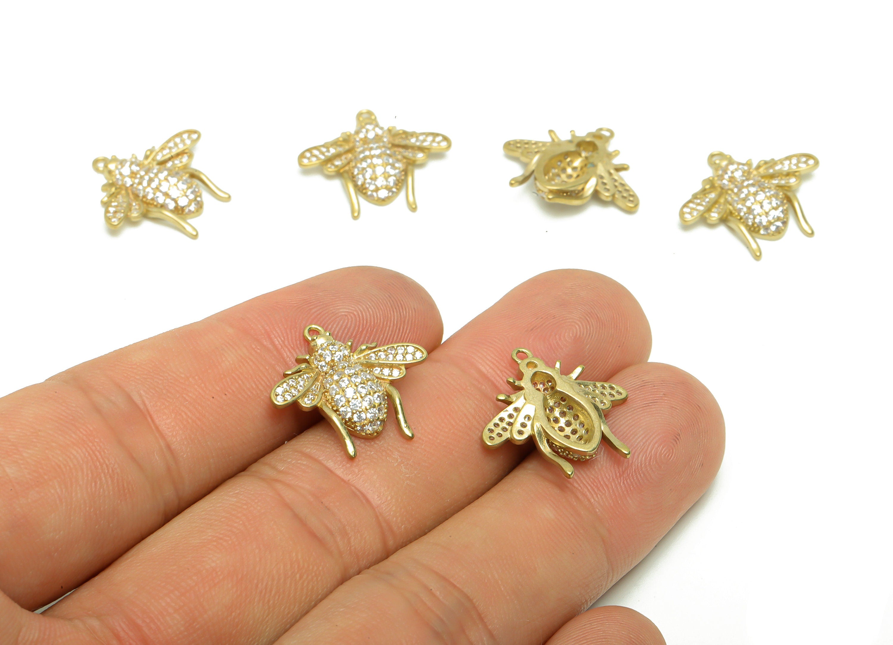 Brass Bee Earring Charm - Raw Brass Inset Pendant - Brass Cubic Zircon Bee Earring Charms - Brass Animal Charm - 17.4x18.65x4.07mm- PP8698 - DOMEDBAZAAR