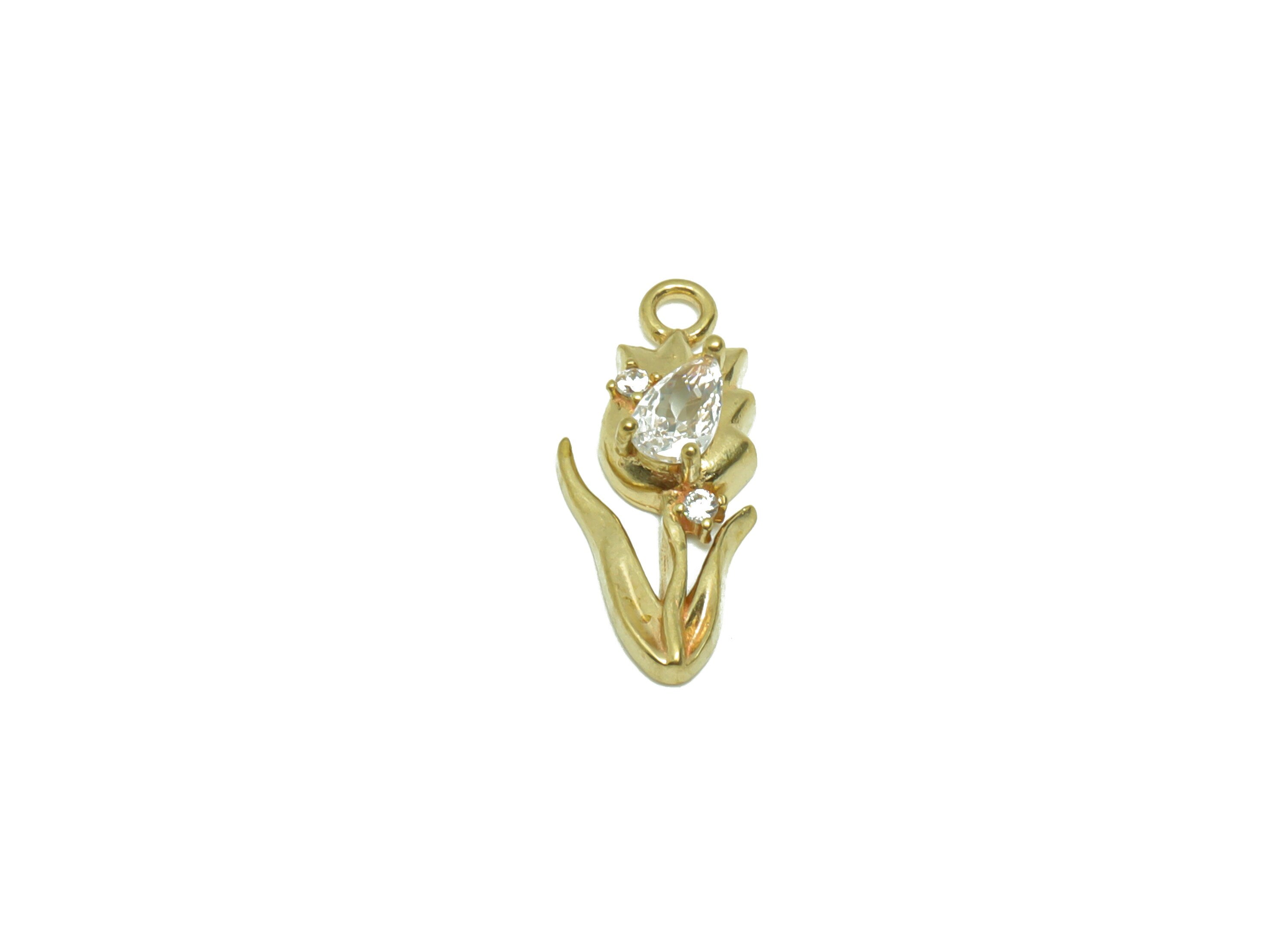 Brass Tulip Earring Charm - Raw Brass Flower Pendant - Brass Cubic Zircon Tulip Earring Charms - Brass Botanical Charm -16.66x7x4mm- PP8673 - DOMEDBAZAAR