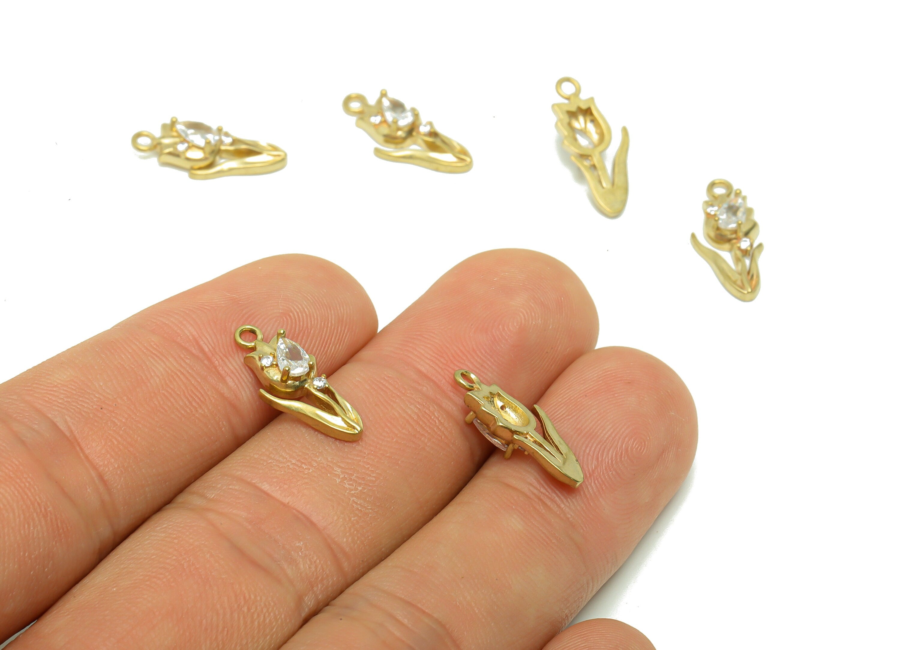 Brass Tulip Earring Charm - Raw Brass Flower Pendant - Brass Cubic Zircon Tulip Earring Charms - Brass Botanical Charm -16.66x7x4mm- PP8673 - DOMEDBAZAAR