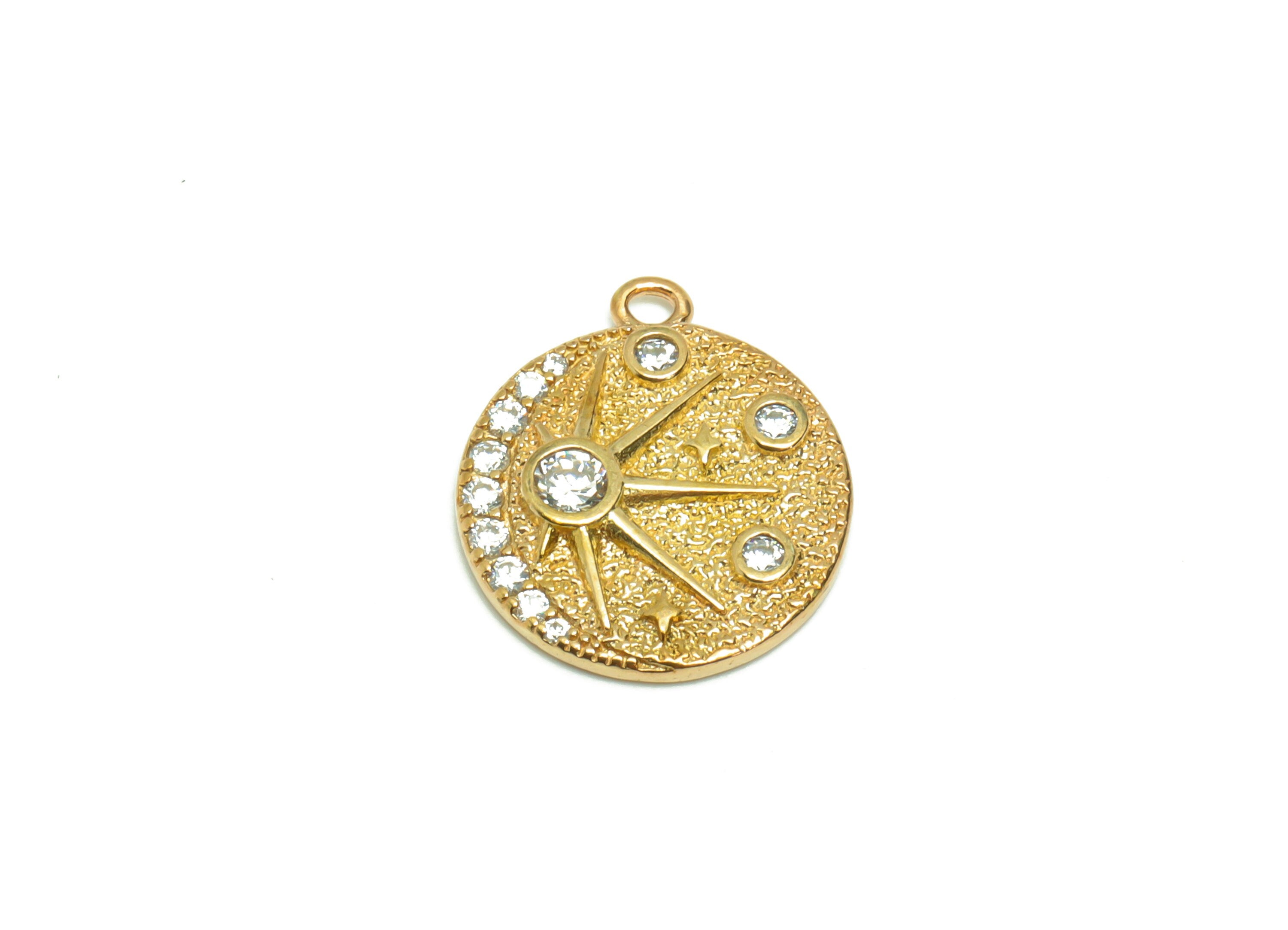Brass Round Earring Charm - Raw Brass Sunshine Pendant - Brass Cubic Zircon Sun Earring Charms - Brass Textured Charm - 17.22x14x2mm- PP8688 - DOMEDBAZAAR