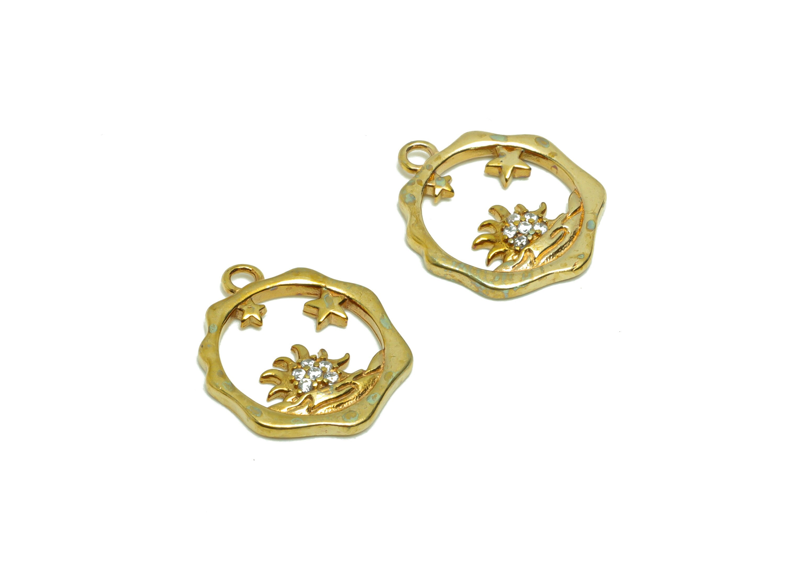 Brass Sun Earring Charm - Raw Brass Sea Surface Sunrise Pendant - Cubic Zircon Sun Earring Charms - Brass Celestial Charm -16x13x1mm- PP8697 - DOMEDBAZAAR