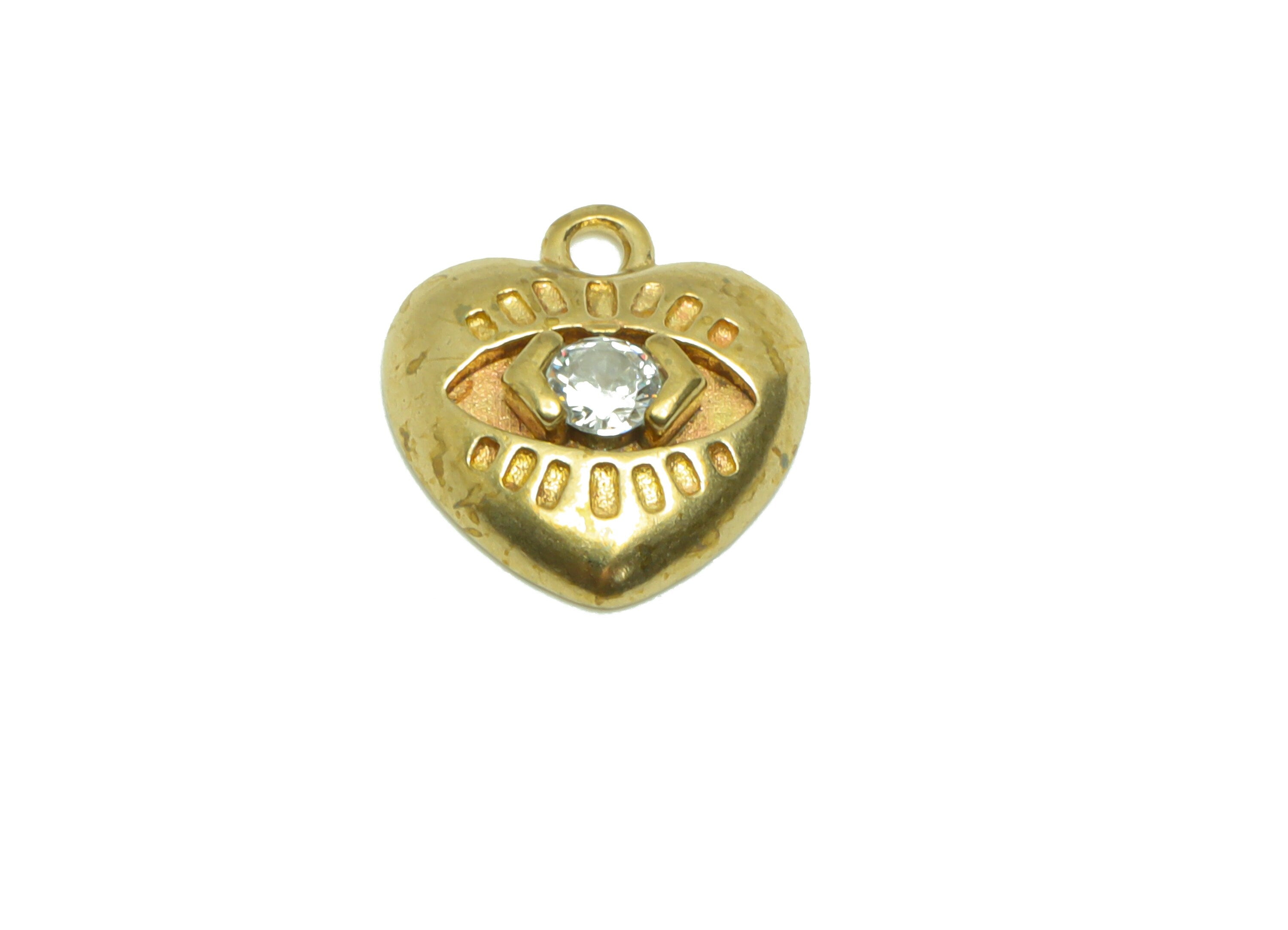 Brass Heart Earring Charm - Raw Brass Eyelash Pendant - Cubic Zircon Heart Eye Earring Charms - Brass Eye Charm - 12.41x11.26x2.76mm- PP8692 - DOMEDBAZAAR