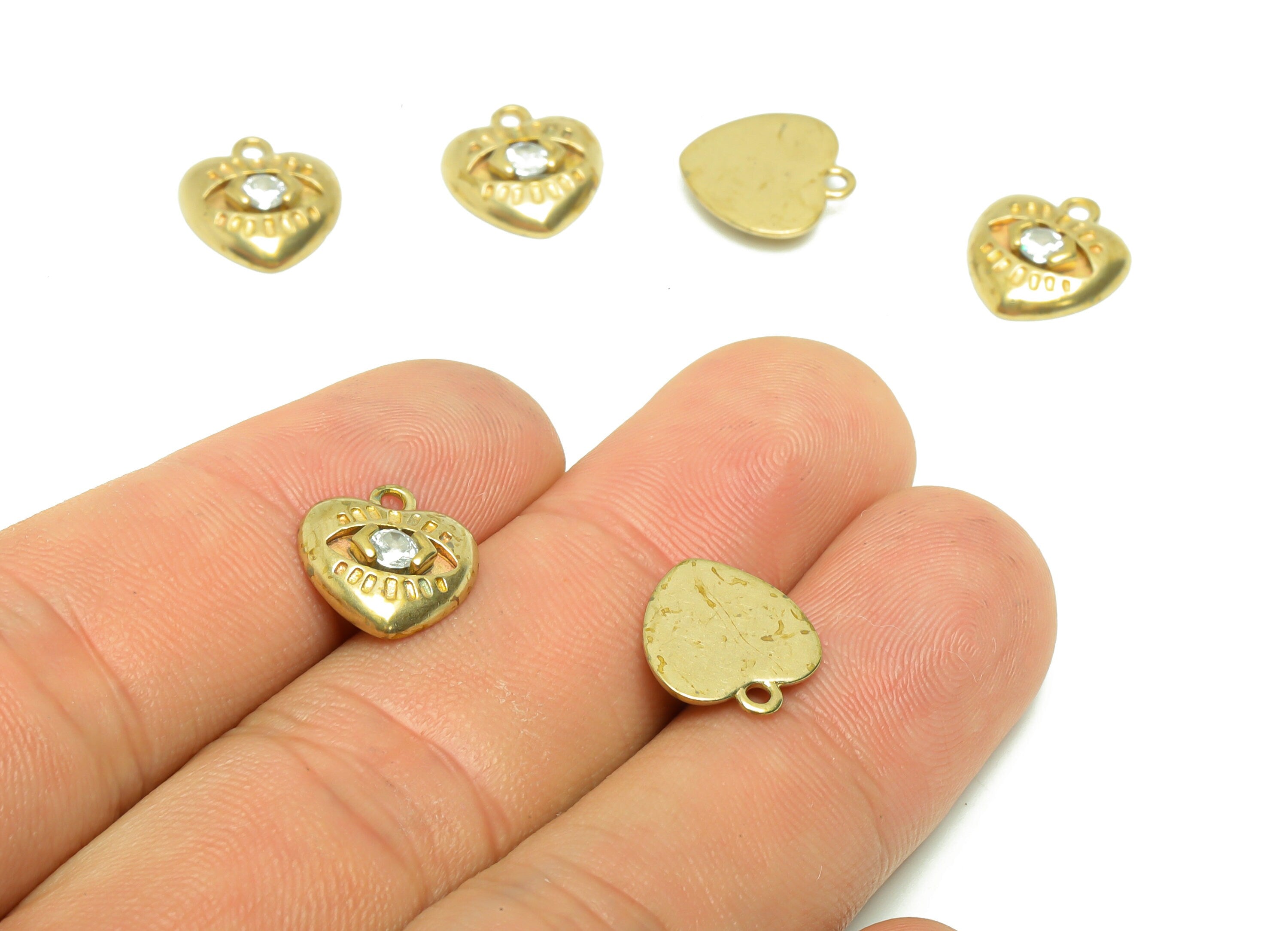 Brass Heart Earring Charm - Raw Brass Eyelash Pendant - Cubic Zircon Heart Eye Earring Charms - Brass Eye Charm - 12.41x11.26x2.76mm- PP8692 - DOMEDBAZAAR