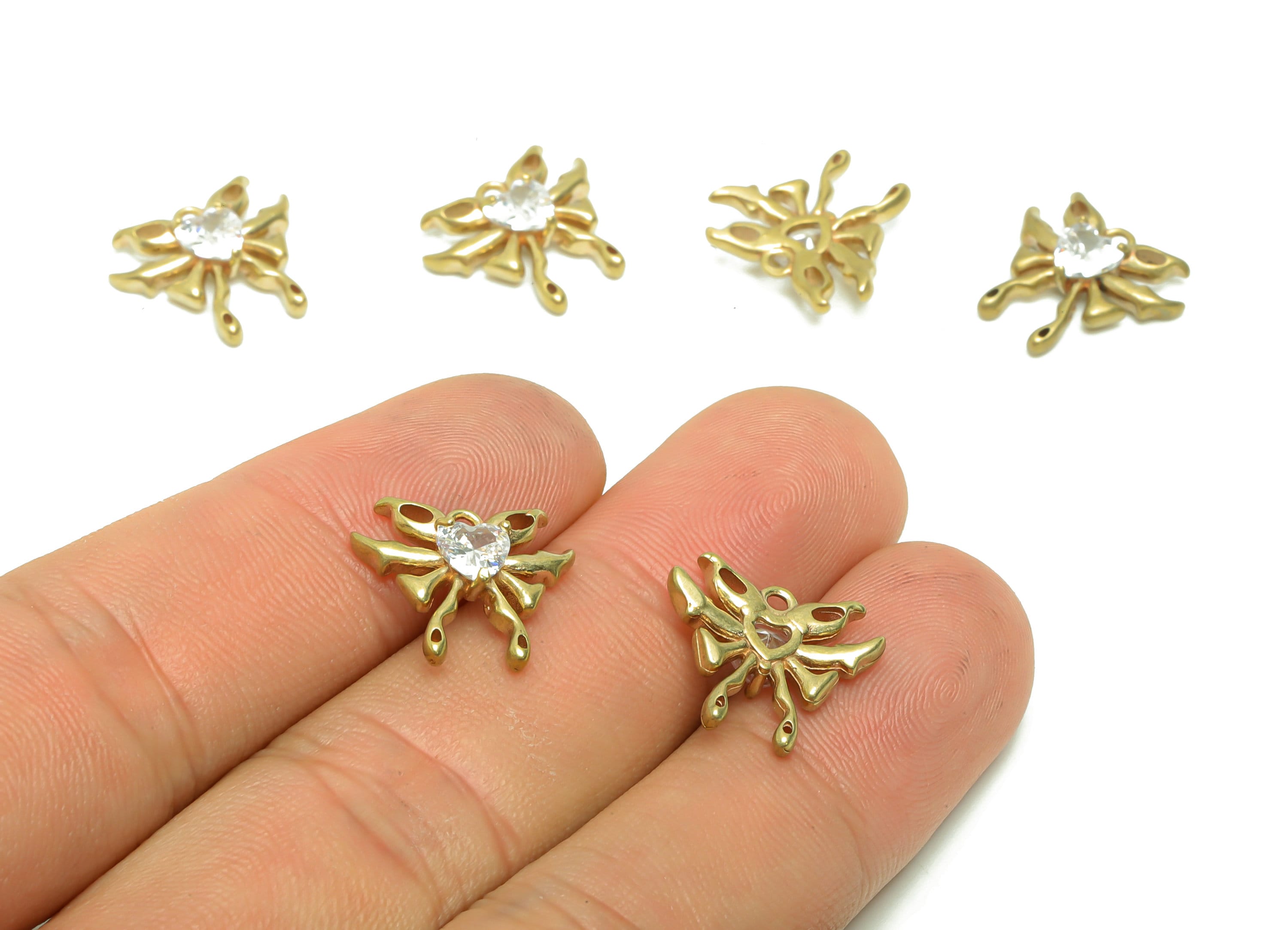 Brass Bow Tie Earring Charm - Cubic Zircon Butterfly Earring Charm - Raw Brass Butterfly Pendant - Heart Zircon Charm - 14x18x3mm - PP8694 - DOMEDBAZAAR