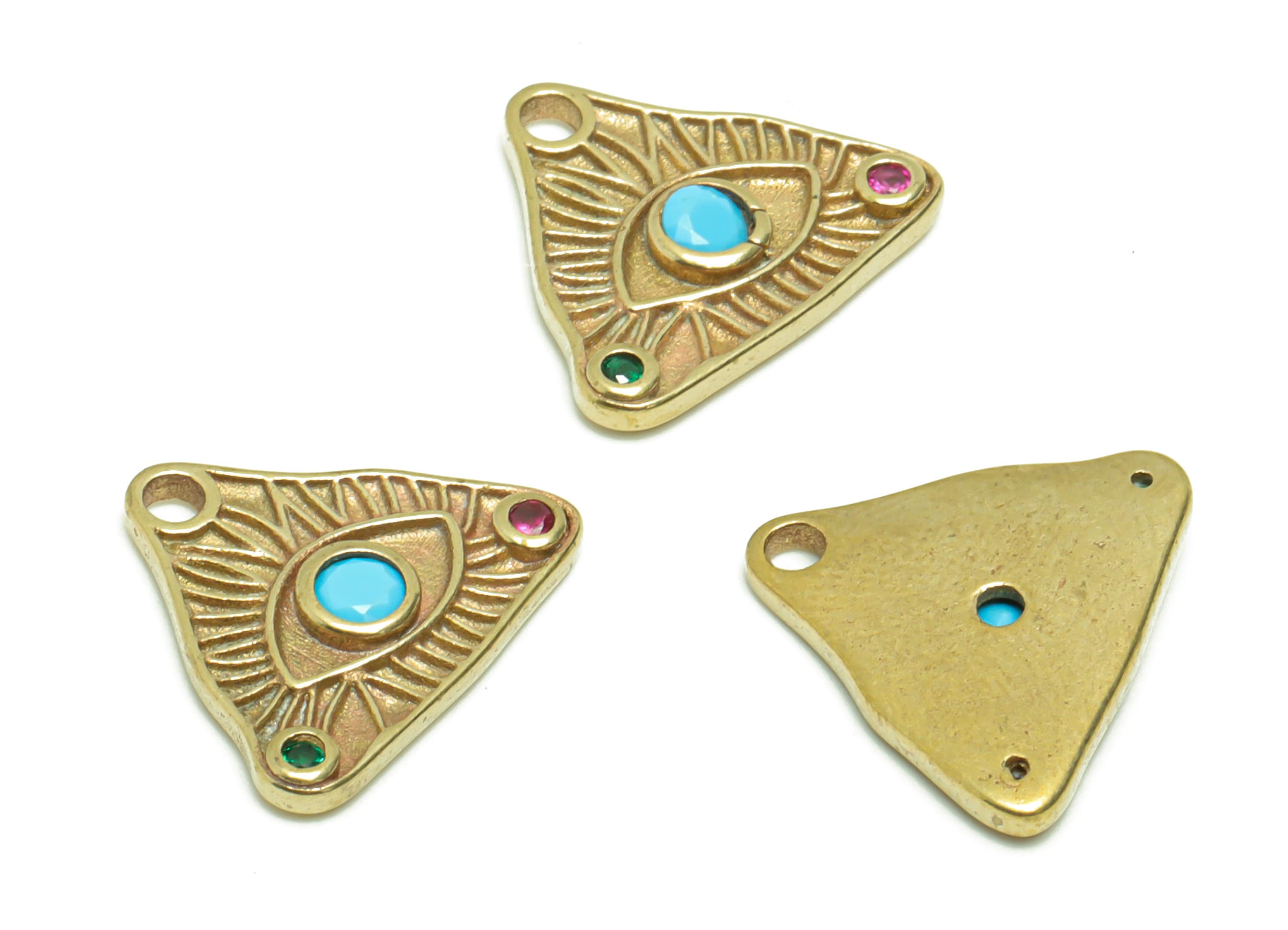 Brass Triangle Eye Earring Charm - Cubic Zircon Pyramid Eye Earring Charm - Raw Brass Blue Eye Pendant - Eyelash Charm - 13x15x2mm - PP8662 - DOMEDBAZAAR
