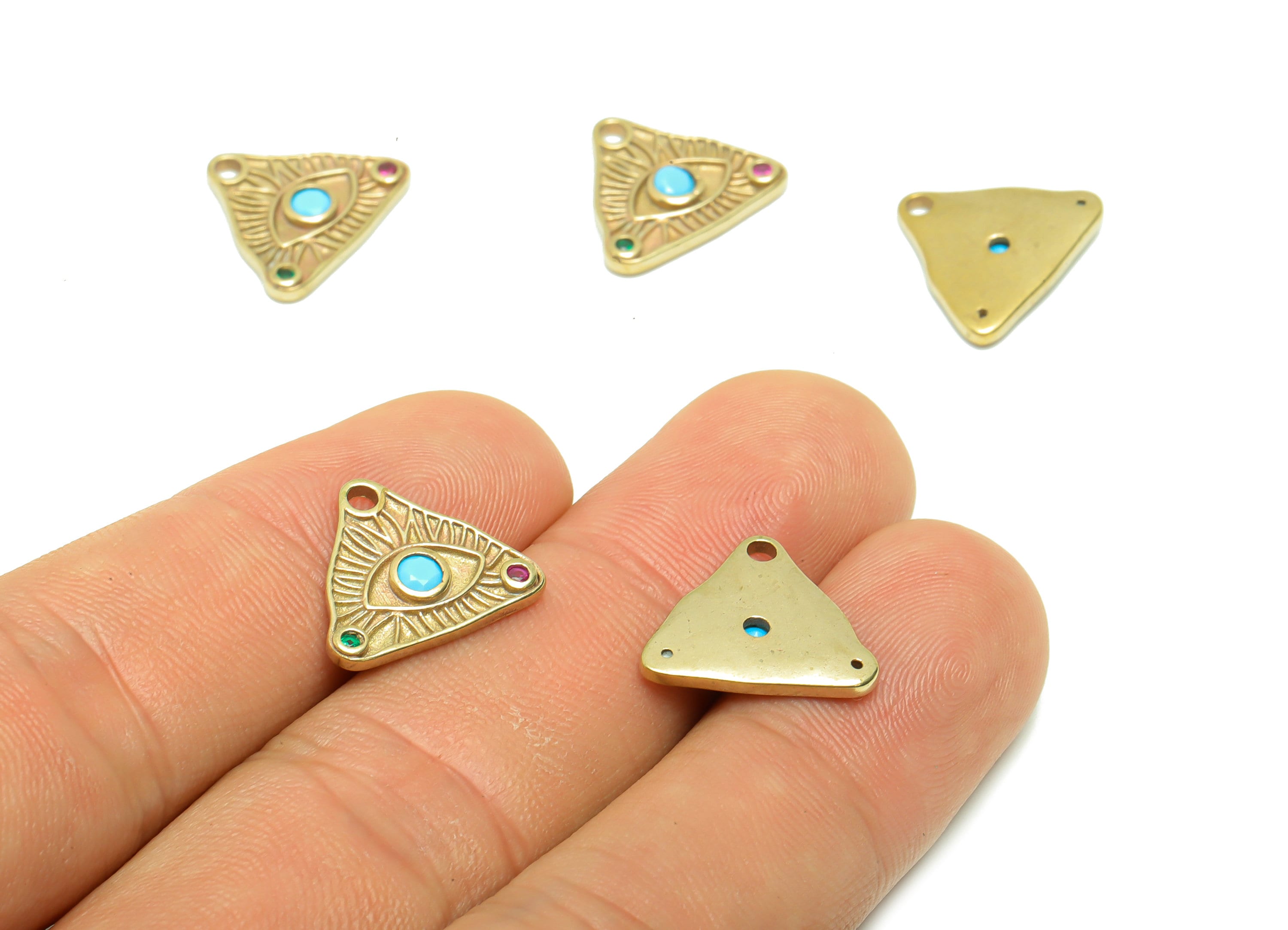 Brass Triangle Eye Earring Charm - Cubic Zircon Pyramid Eye Earring Charm - Raw Brass Blue Eye Pendant - Eyelash Charm - 13x15x2mm - PP8662 - DOMEDBAZAAR
