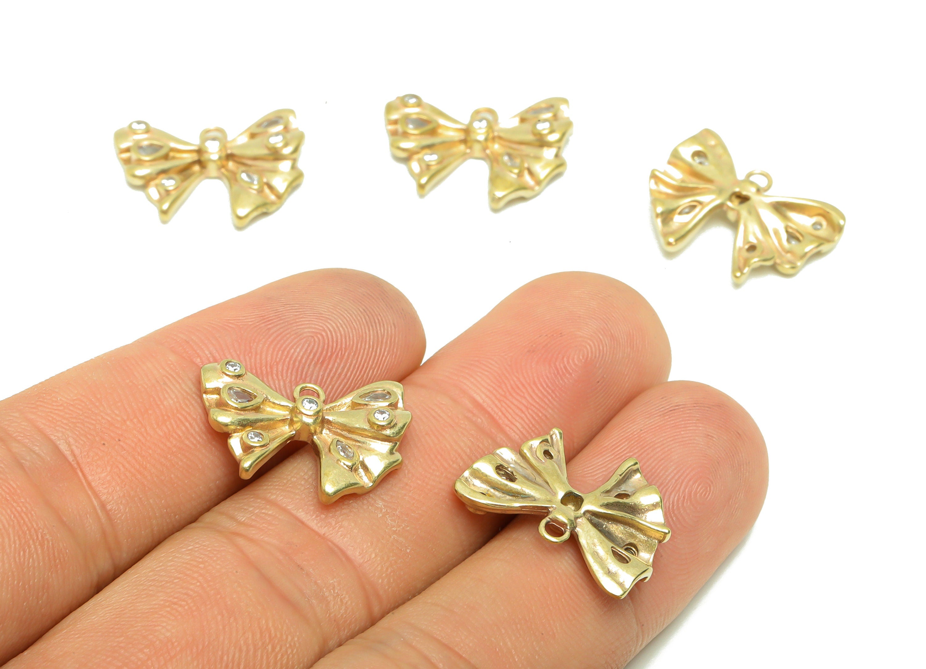 Brass Bow Tie Earring Charm - Cubic Zircon Butterfly Earring Charm - Raw Brass Bow Tie Pendant - Cubic Bow Tie Charm - 14.95x18x3mm - PP8702 - DOMEDBAZAAR