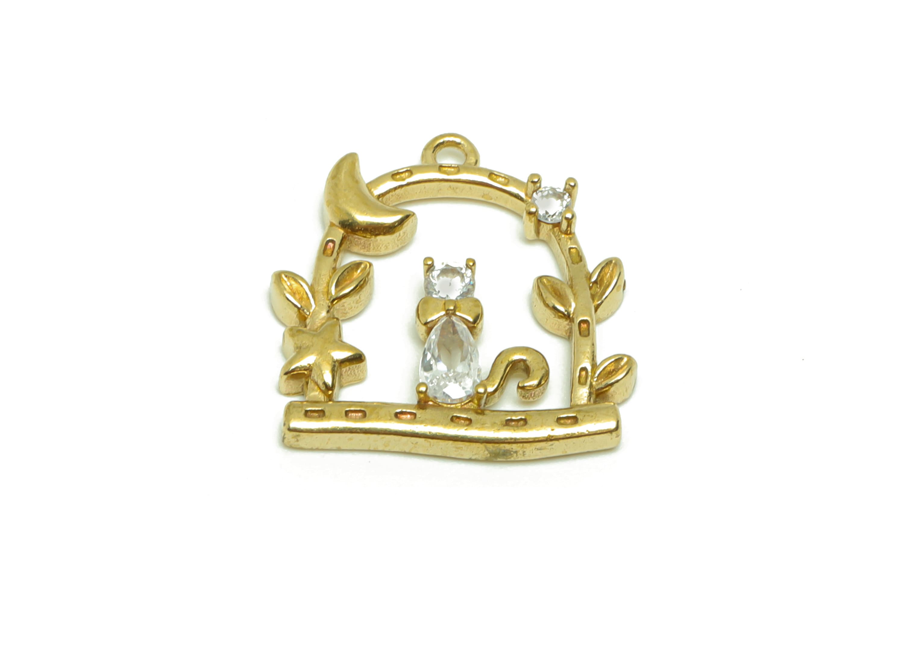 Brass Cat Moon Earring Charm - Zircon Star Garden Earring Charm - Brass Cat Crescent Domed Pendant - Branch Pet Charm - 18x17x2mm - PP8672 - DOMEDBAZAAR