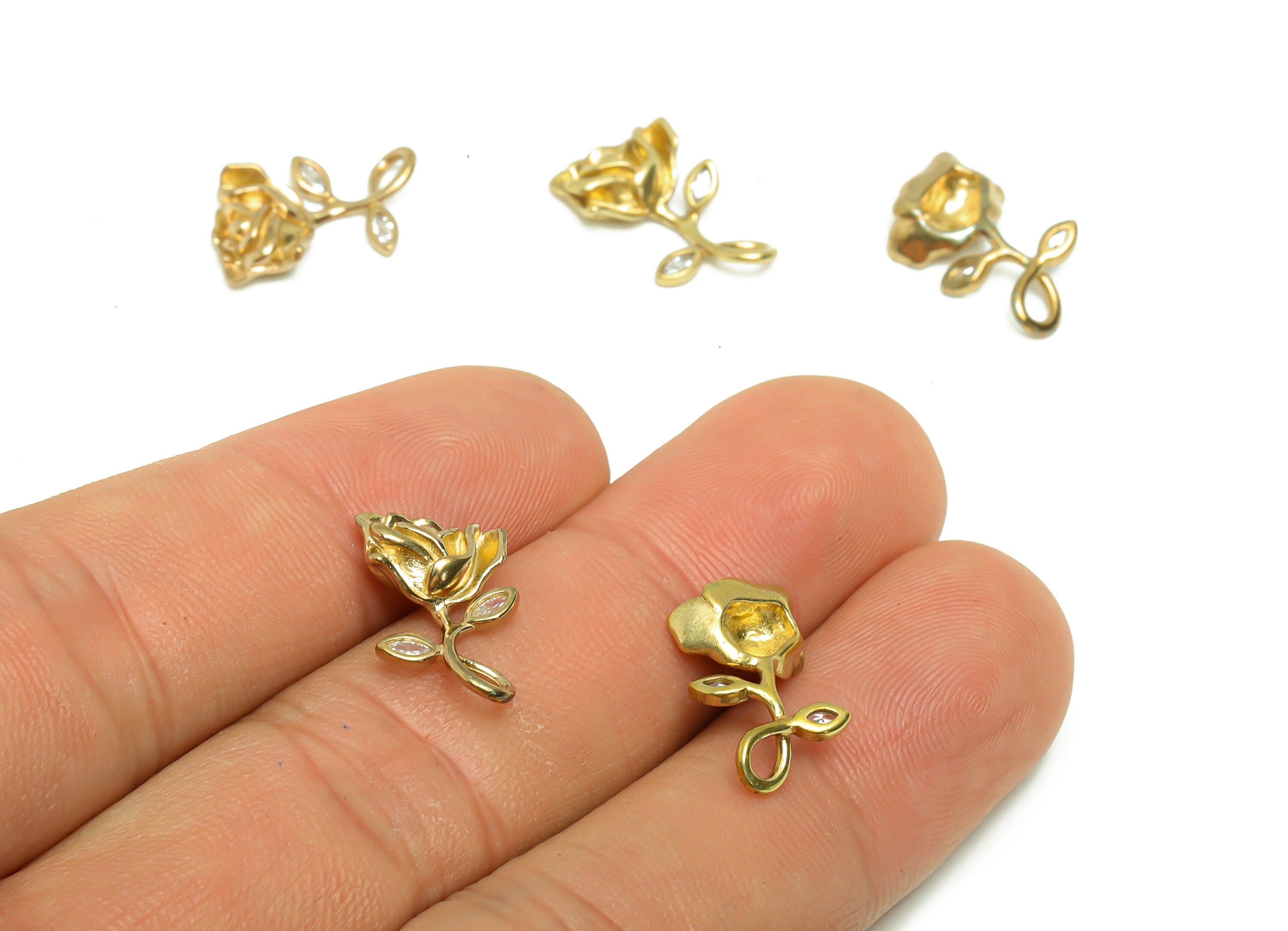 Brass Rose Earring Charm - Zircon Rose Earring Charm - Raw Brass Botanical Pendant -Brass Flower Charm - 16.97x9.63x3.28mm - PP8677 - DOMEDBAZAAR