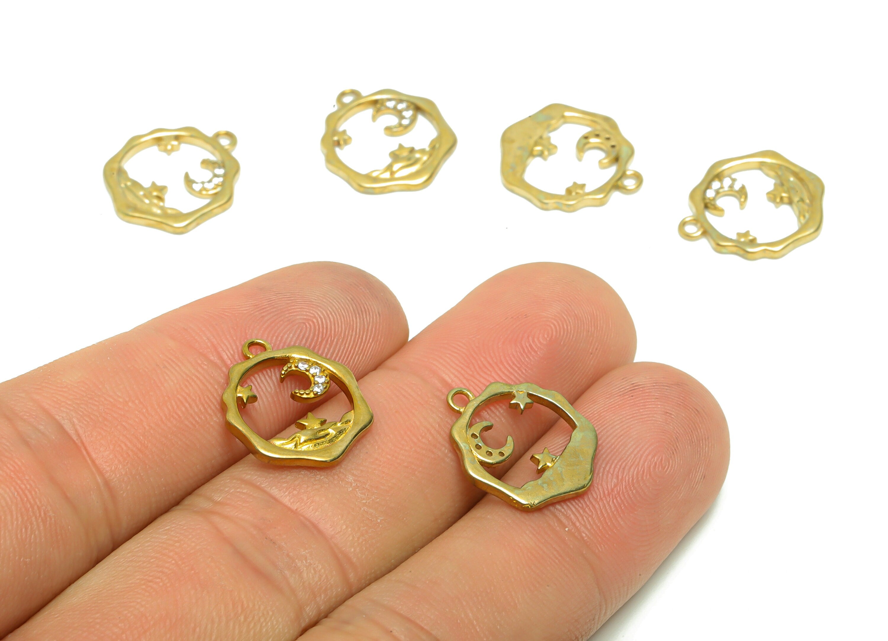 Brass Crescent Earring Charm - Zircon Starry Sky Earring Charm - Raw Brass Moon Pendant - Brass Space Charm - 15.82x14.07x1.57mm - PP8696 - DOMEDBAZAAR