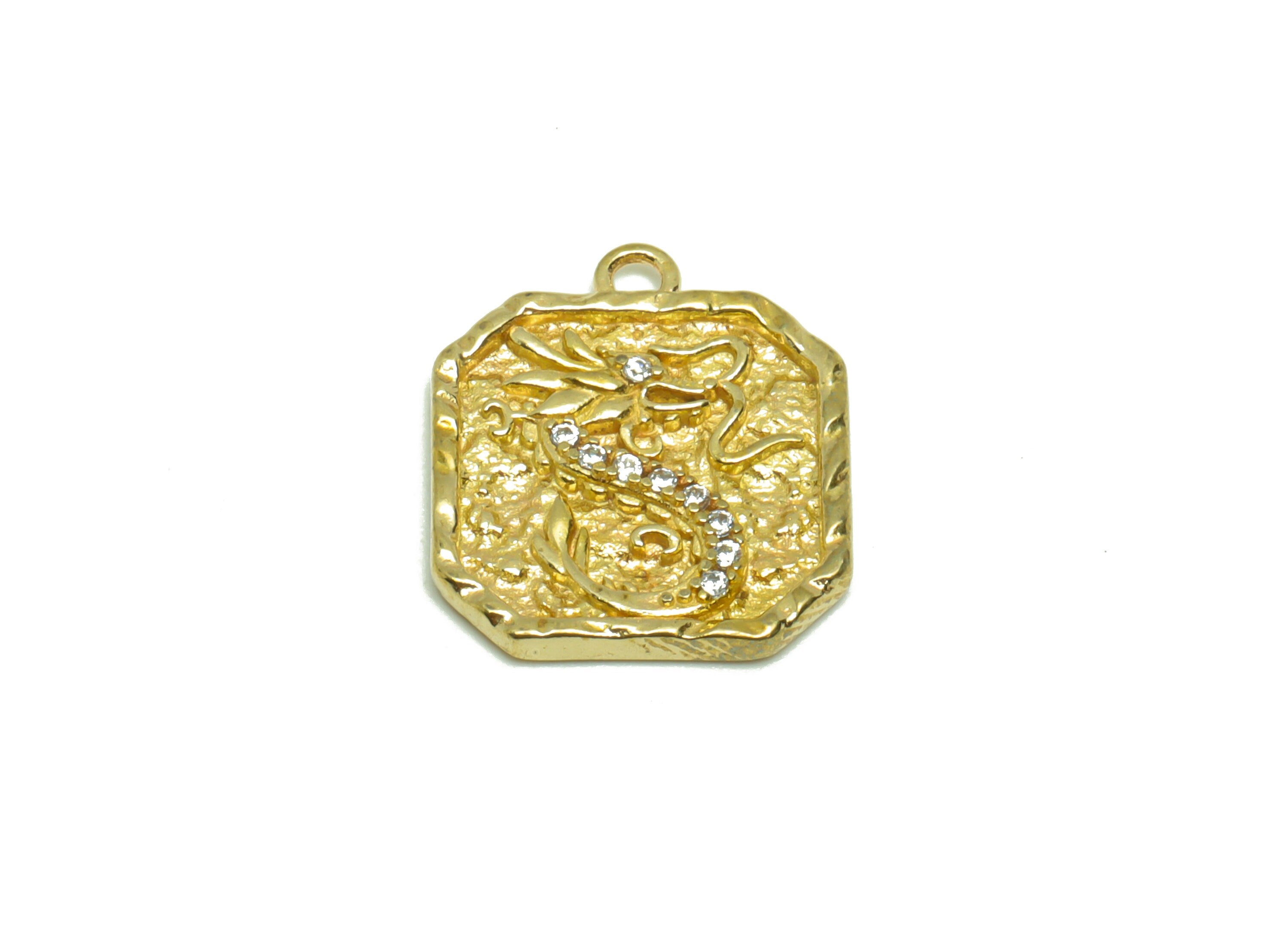 Brass Dragon Earring Charm - Brass Zircon Dragon Earring Charm - Raw Brass Oval Squar Textured Dragon Pendant - 14.64x12.8x2.9mm - PP8700 - DOMEDBAZAAR