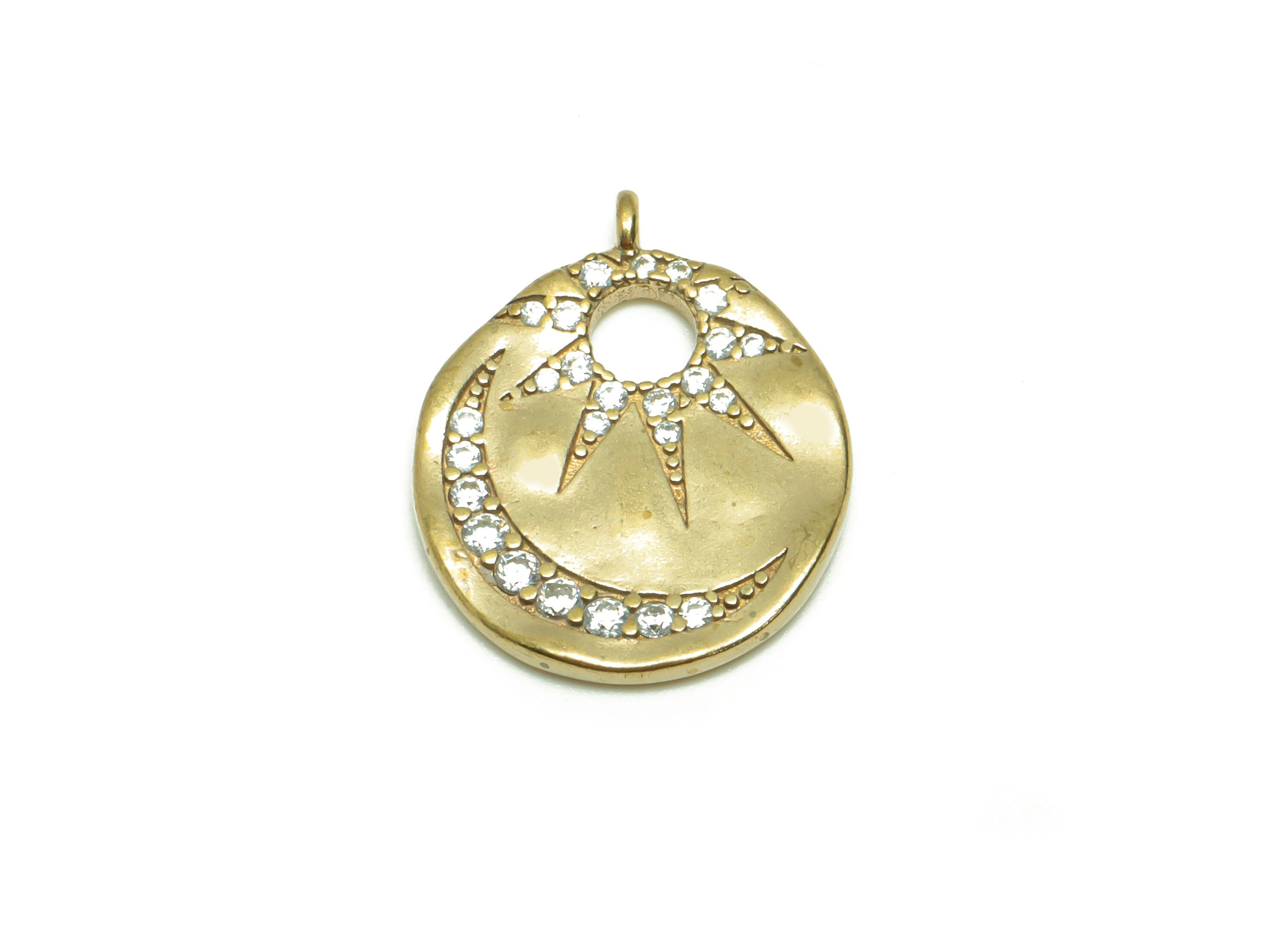 Brass Crescent Earring Charm - Brass Zircon Moon Hollow Earring Charm - Raw Brass Sunshine Pendant - Brass Sun Pendant - 19x16x1mm - PP8666 - DOMEDBAZAAR