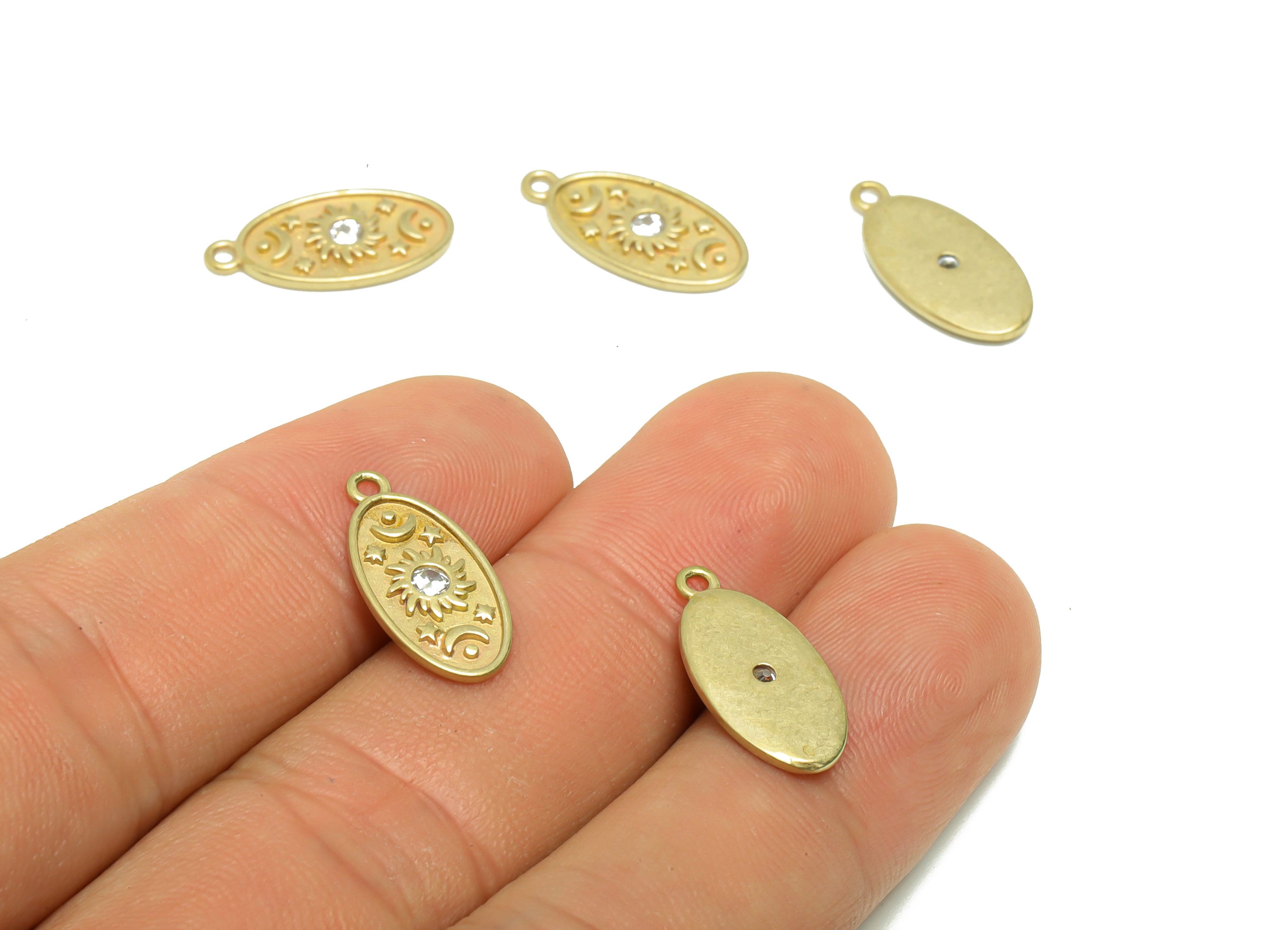 Brass Oval Earring Charm - Cubic Zircon Crescent Earring Charm - Raw Brass Star Pendant - Brass Space Charm - 17x8.61x1.48mm - PP8678 - DOMEDBAZAAR