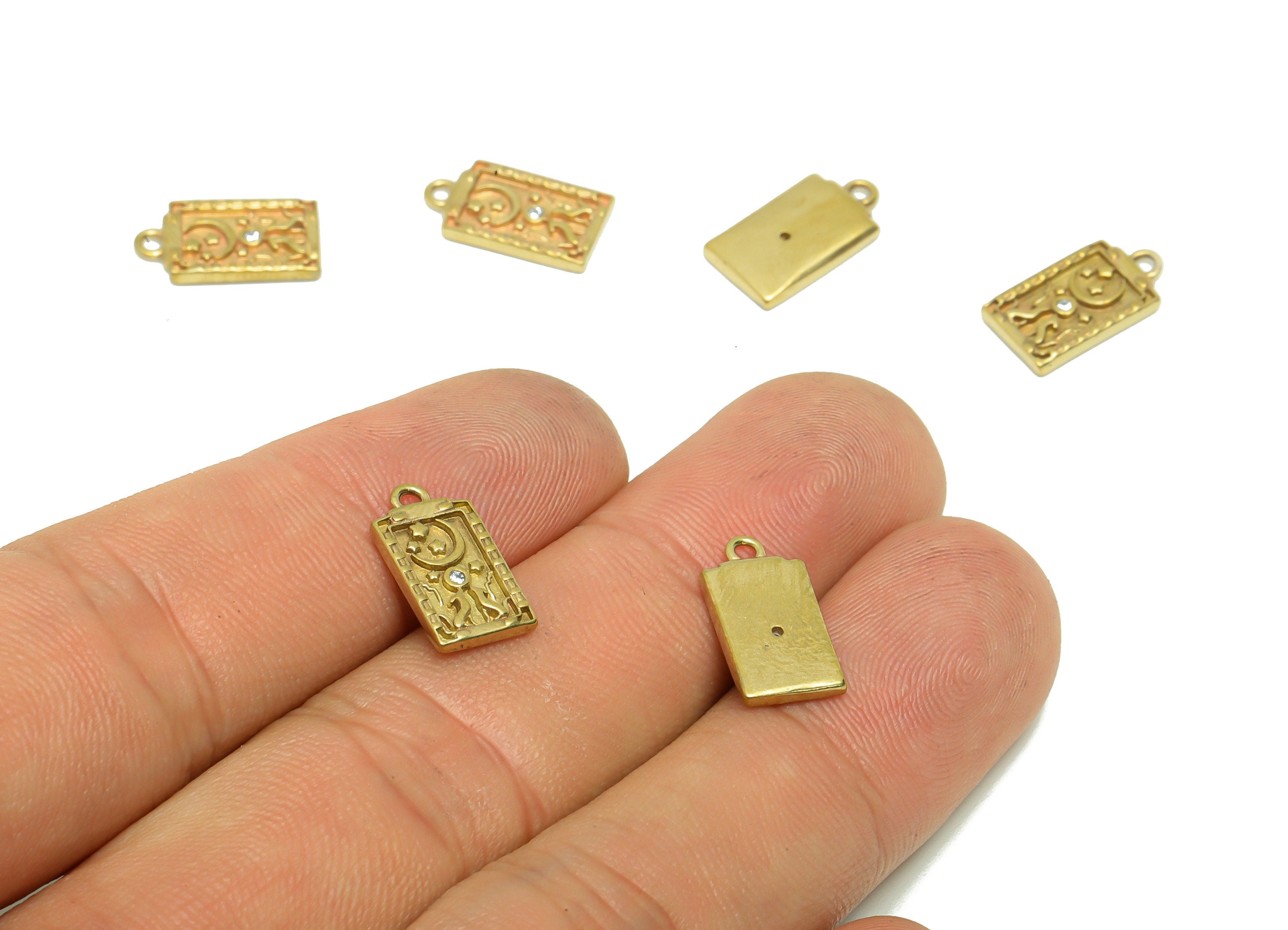Brass Rectangle Earring Charm - Brass Zircon Antique Looking Charm - Astronaut Crescent Pendant - Vintage Looking Charm- 13x7x1mm - PP8695 - DOMEDBAZAAR