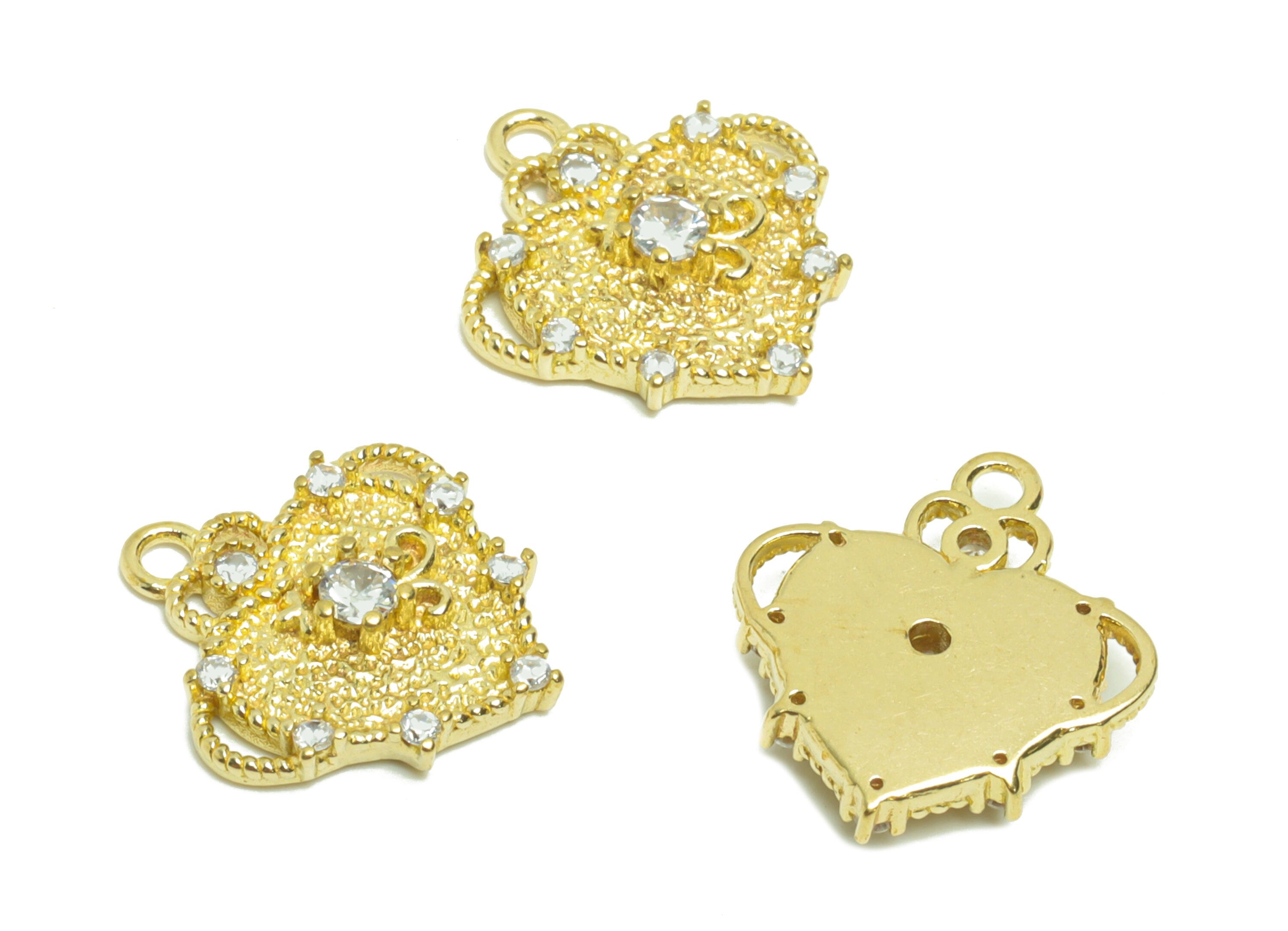 Brass Heart Earring Charm - Brass Zircon Heart Earring Charm - Brass Textured Heart Zircon Pendant - Jewelry Supplies -15x13.6x3mm - PP8639 - DOMEDBAZAAR