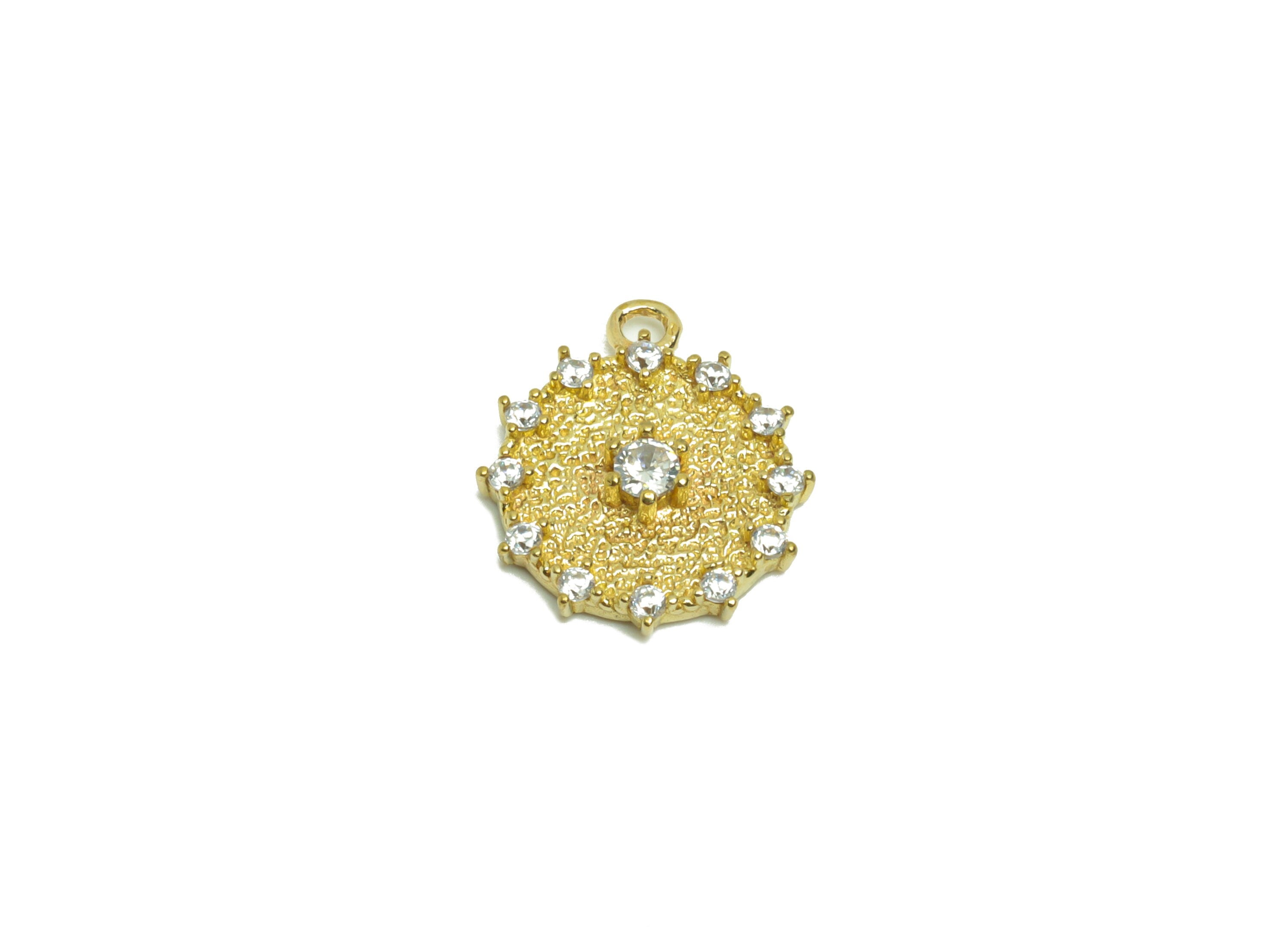Brass Round Earring Charm - Brass Zircon Circle Earring Charm - Brass Textured Flower Zircon Pendant - Jewelry Supplies -12x2x1mm - PP8640 - DOMEDBAZAAR