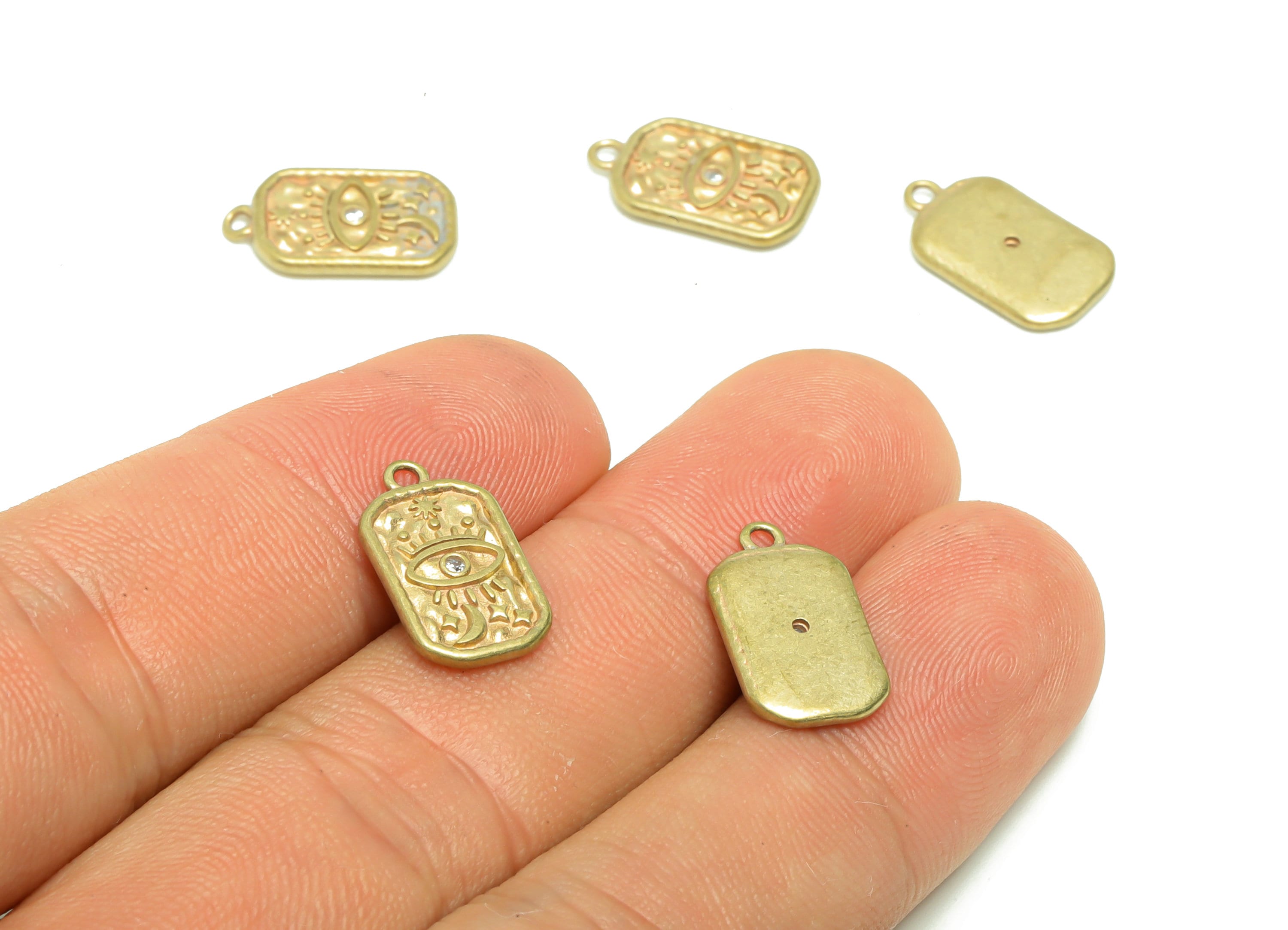 Brass Oval Rectangle Earring Charm - Brass Zircon Eye Vintage Antique Looking Charm - Brass Crescent Eyelash Pendant - 15x9x1mm - PP8683 - DOMEDBAZAAR