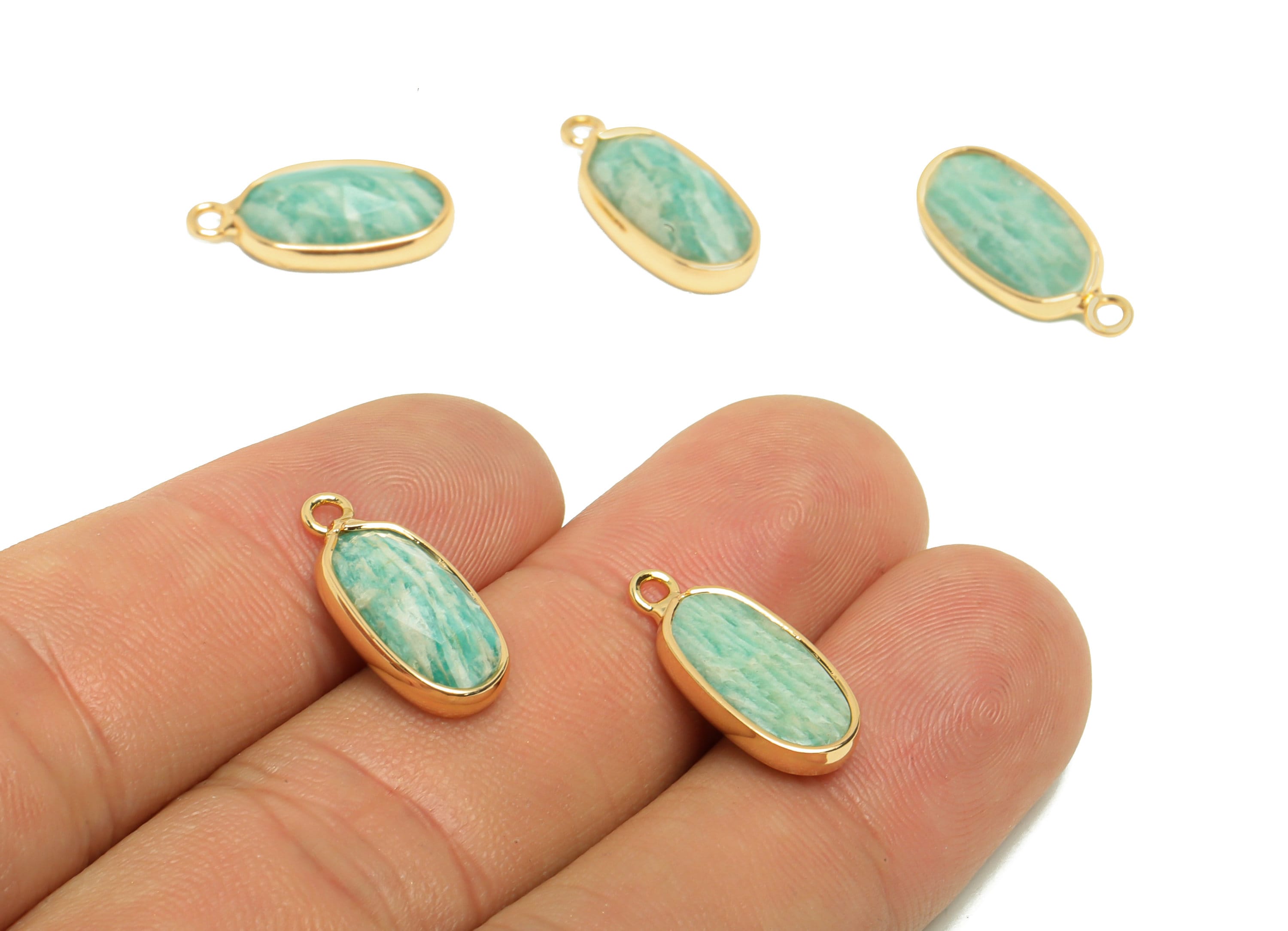 Brass Oval Stone Charm - Dalmatian stone Natural Stone Charms - Gold Tone Plated Brass - Jewelry Supplies - 17.93x8.25x4.25mm- NS1912 - DOMEDBAZAAR