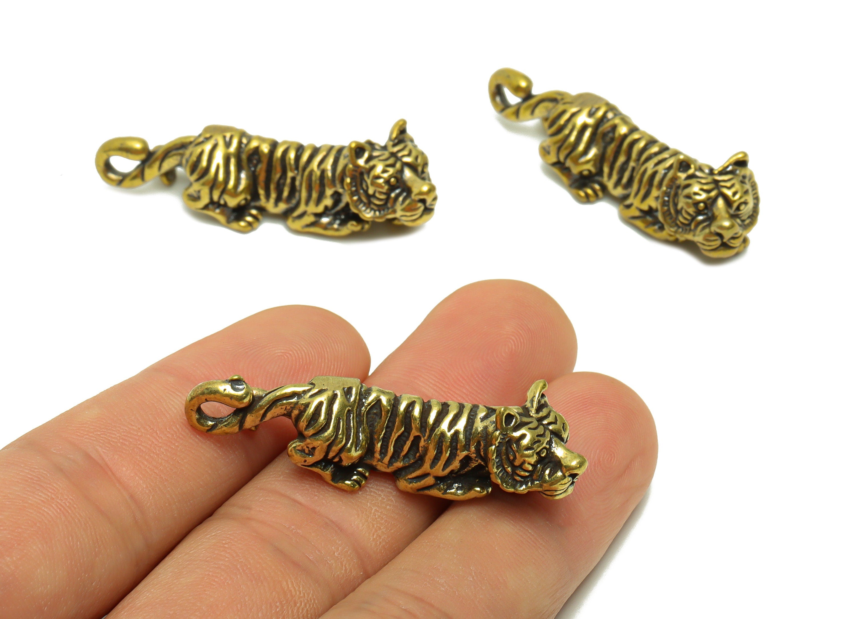 Brass Tiger Charm - Raw Brass Tiger Earring Charms - Antique Looking Pendant - Tiger Figure - Vintage Style Pendant - 43x14x11mm - PP8730 - DOMEDBAZAAR