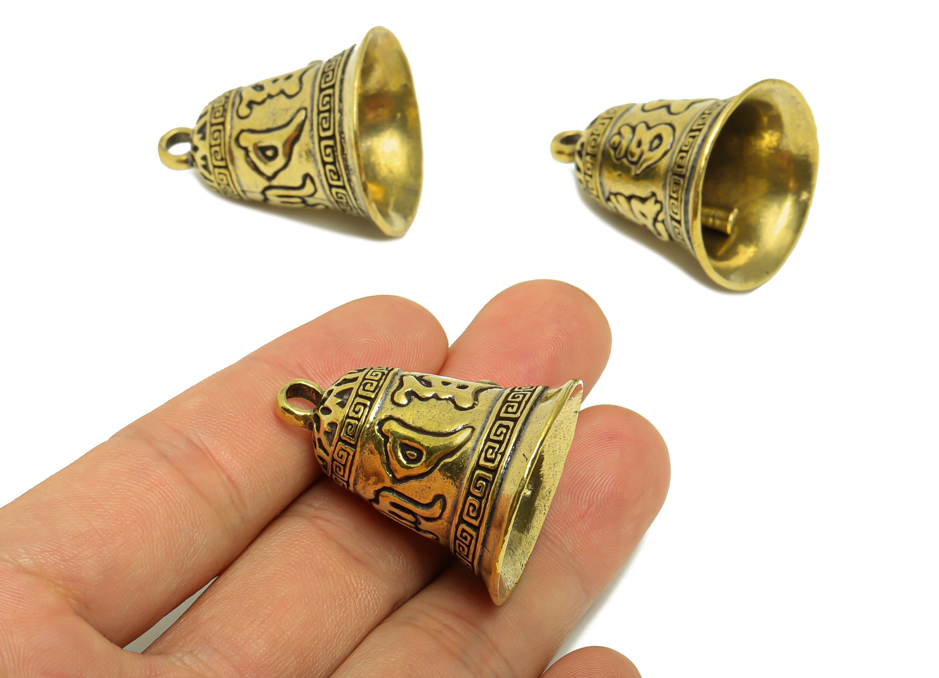 Brass Bell Charm - Raw Brass Ring the Bell Earring Charms - Bell Figure - Antique Looking Pendant - Vintage Style Bell - 34x29x28mm - PP8768 - DOMEDBAZAAR