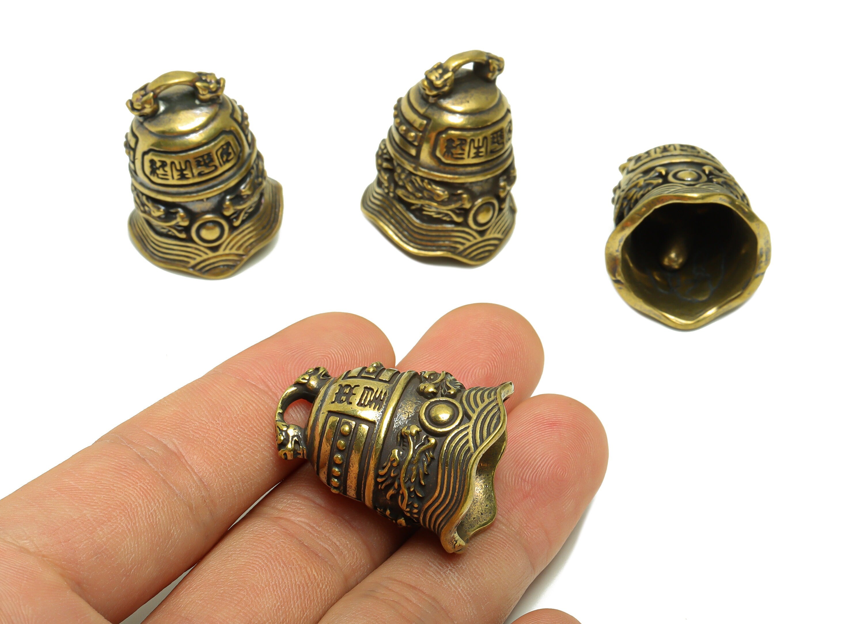 Brass Bell Charm - Raw Brass Wavy Bell Earring Charm - Dragon Bell Figure - Antique Looking Pendant - Vintage Style Bell - 29x24x21mm-PP8727 - DOMEDBAZAAR