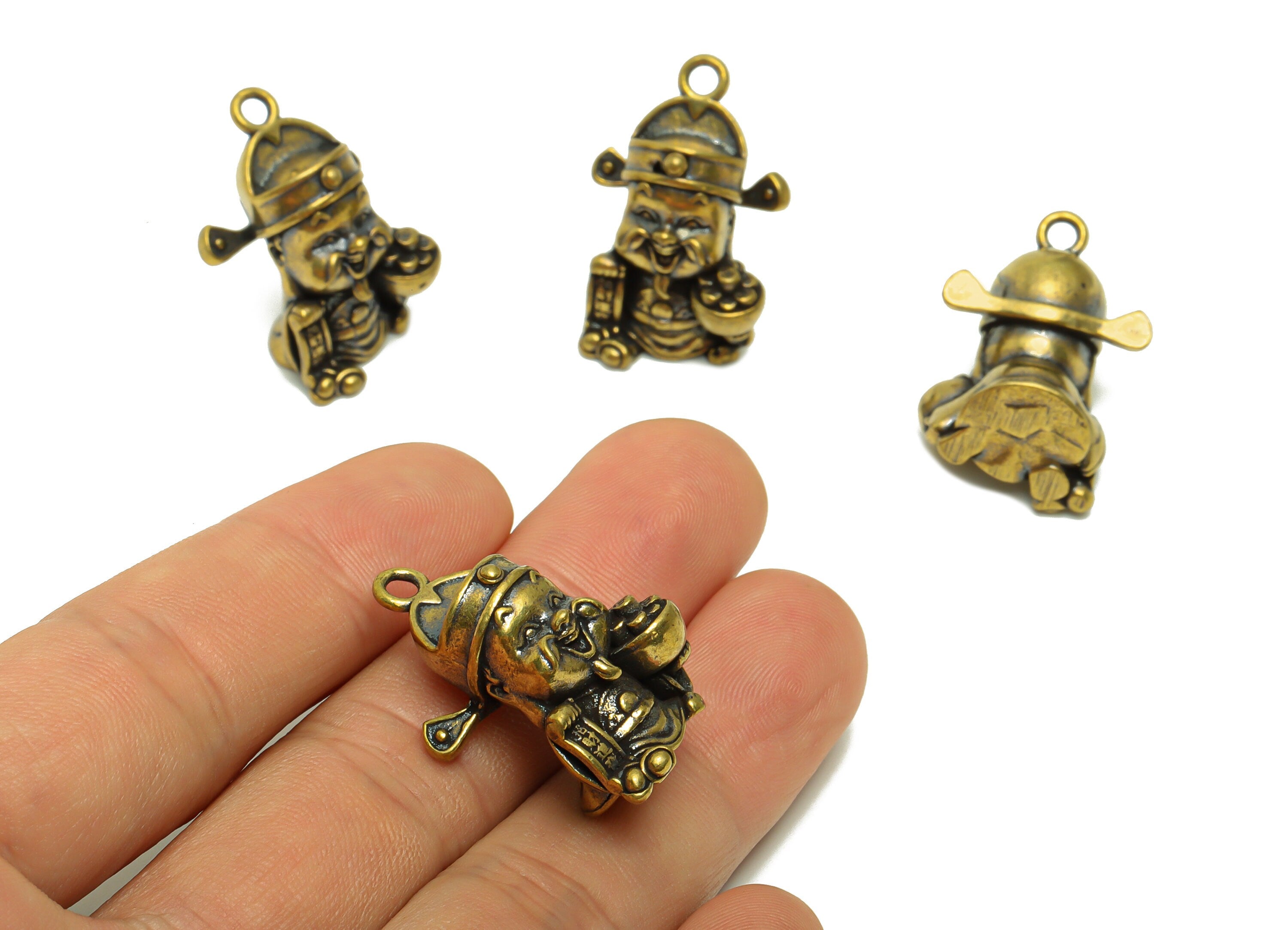Raw Brass Grandpa Wealth Earring Charms - Chinese traditional Person Figure - Antique Looking Pendant- 26.38x19.5x13.9mm-PP8716 - DOMEDBAZAAR