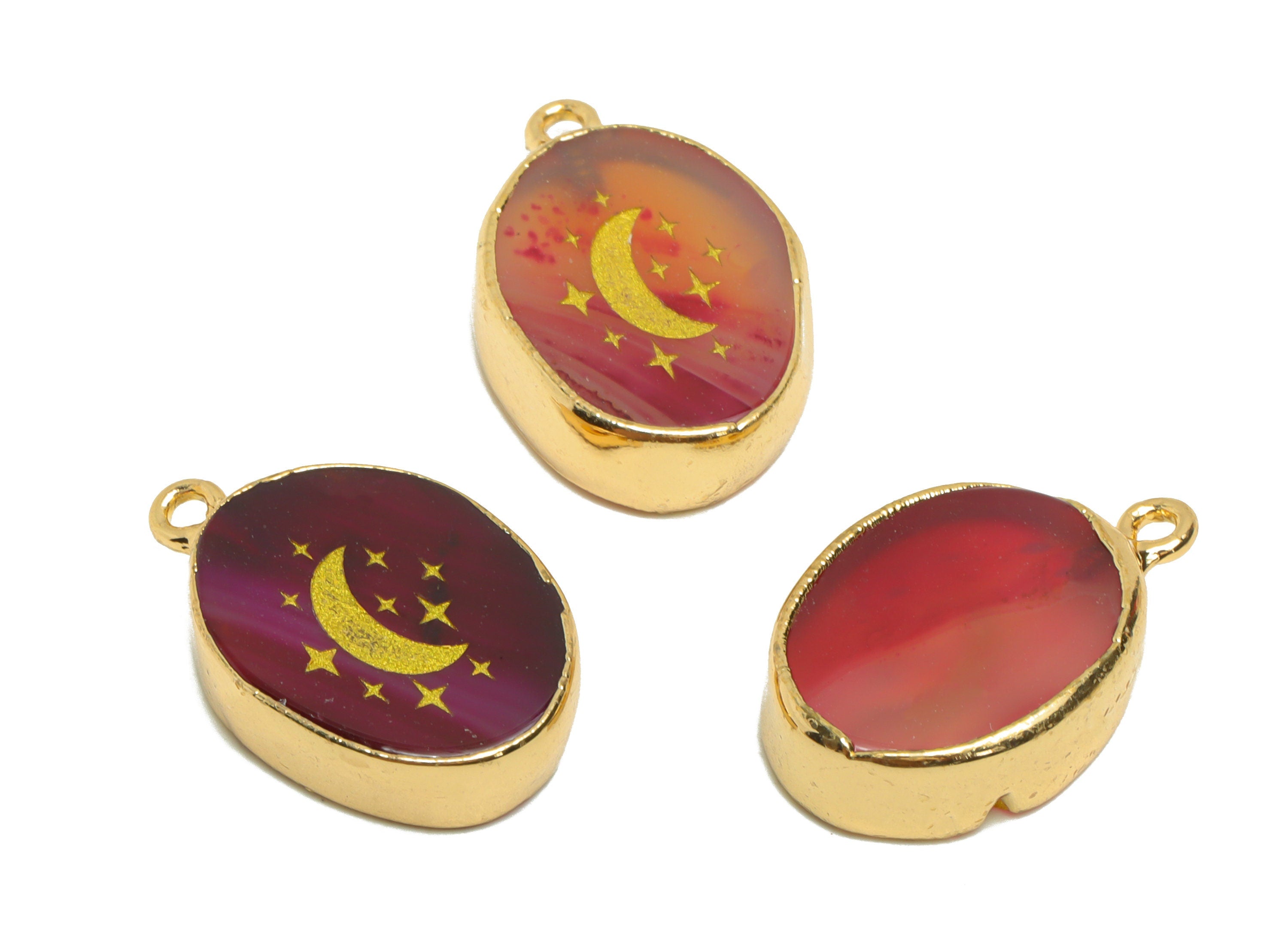 Red Agate stone Charm - Star Red Agate stone Brass - Crescent Natural Stone Charms - Gold Tone Plated - Jewelry Supplies - 23x14x4mm- NS1914 - DOMEDBAZAAR