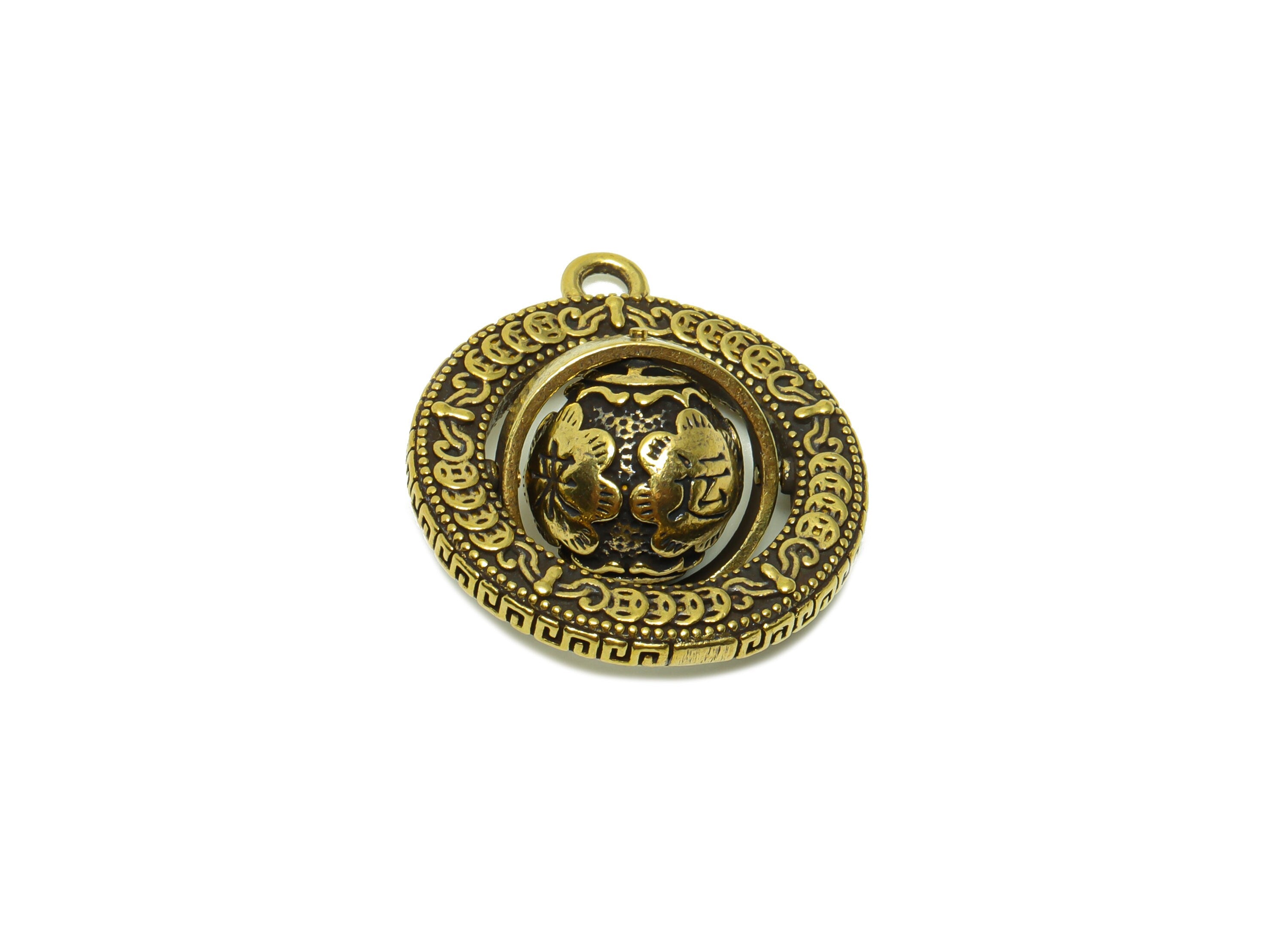 Brass Turning Charm - Raw Brass Turning Ball Earring Charm - Textured Figure - Antique Looking Pendant - Ball Pendant - 34x30x14mm -PP8781 - DOMEDBAZAAR