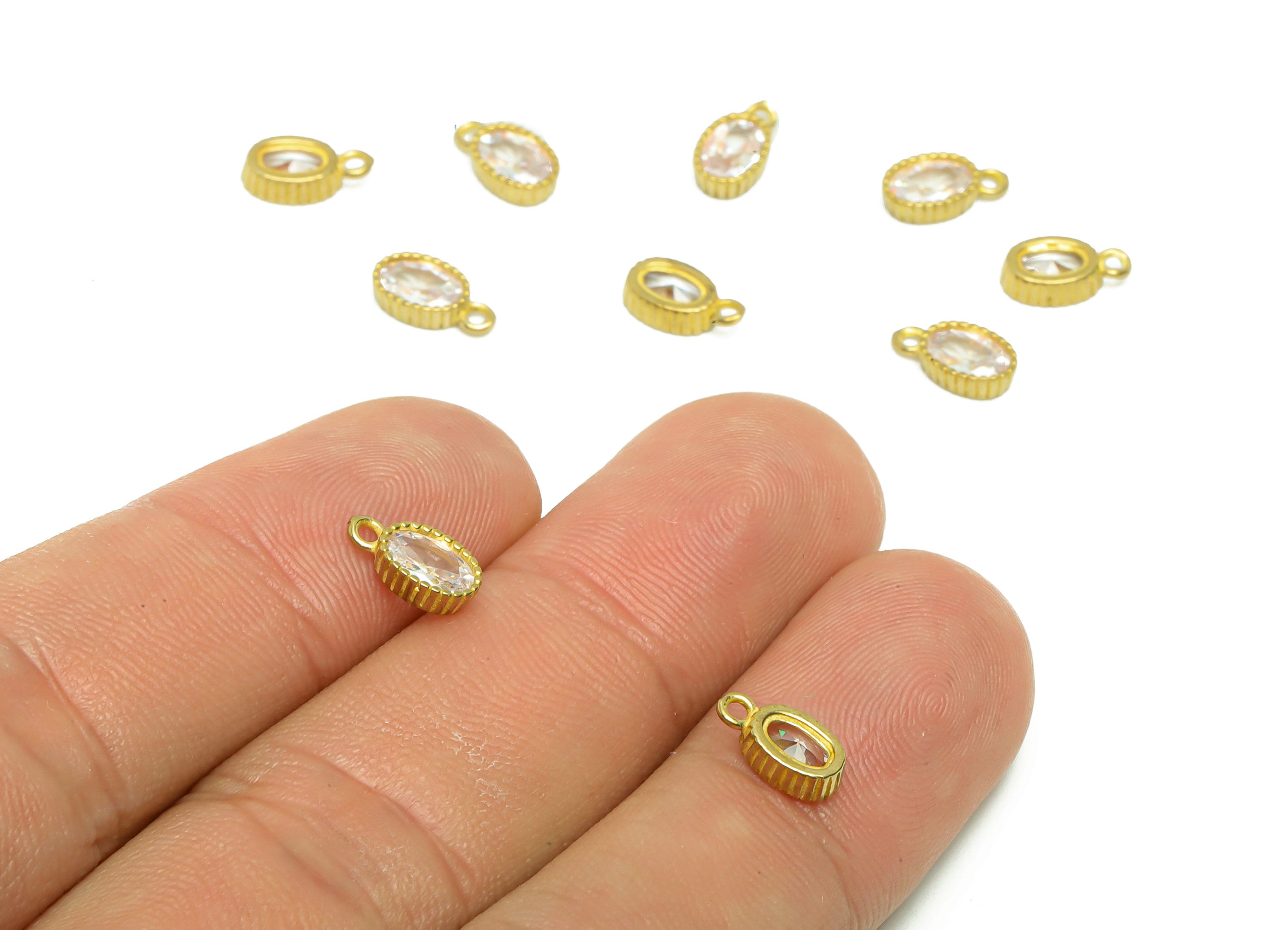 Brass Oval Earring Charm - Raw Brass Mini Oval Pendant - Cubic Zircon Geometry Earring Charms - Mini Oval Earring Charm - 9x5x2.3mm - PP8835 - DOMEDBAZAAR