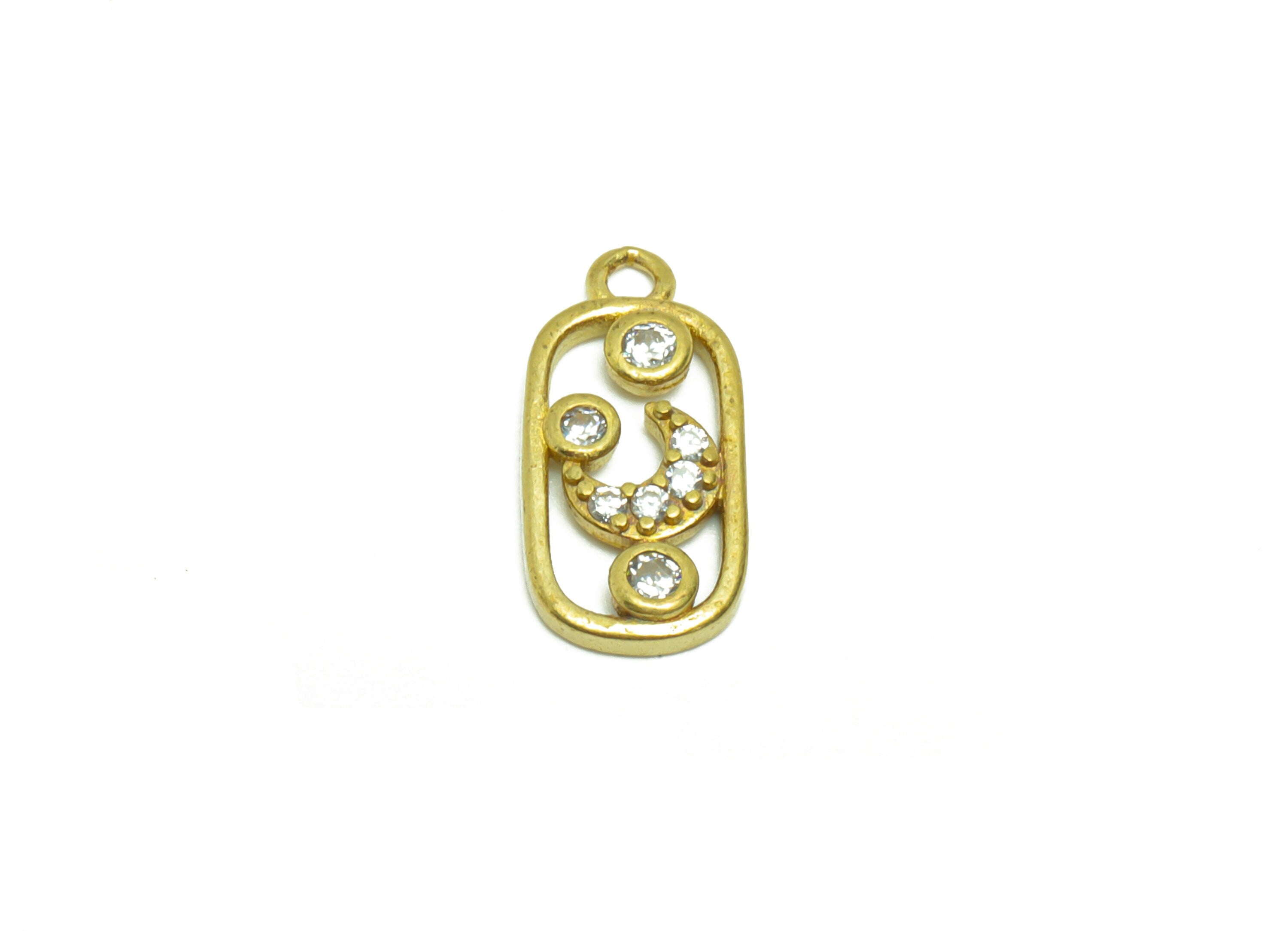 Brass Crescent Earring Charm - Raw Brass Moon Pendant - Cubic Zircon Oval Rectangle Earring Charm - Space Earring Charm - 15x7x1mm - PP8789 - DOMEDBAZAAR