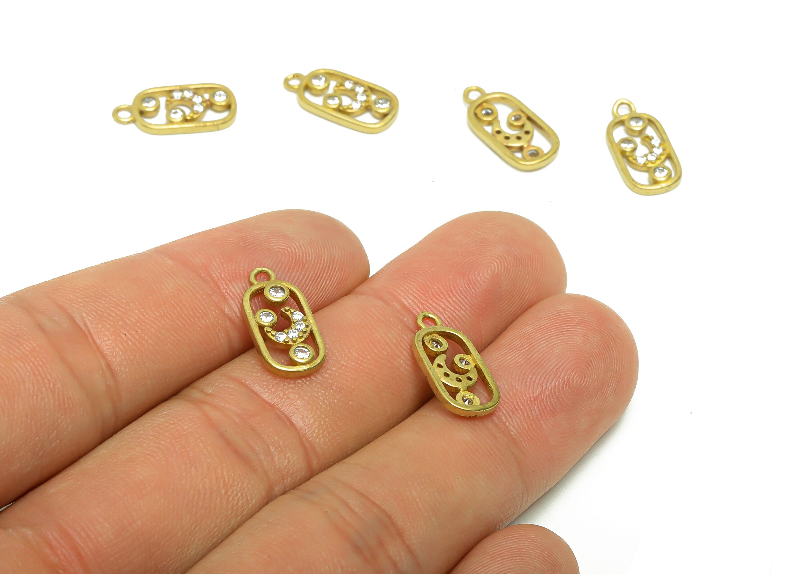 Brass Crescent Earring Charm - Raw Brass Moon Pendant - Cubic Zircon Oval Rectangle Earring Charm - Space Earring Charm - 15x7x1mm - PP8789 - DOMEDBAZAAR