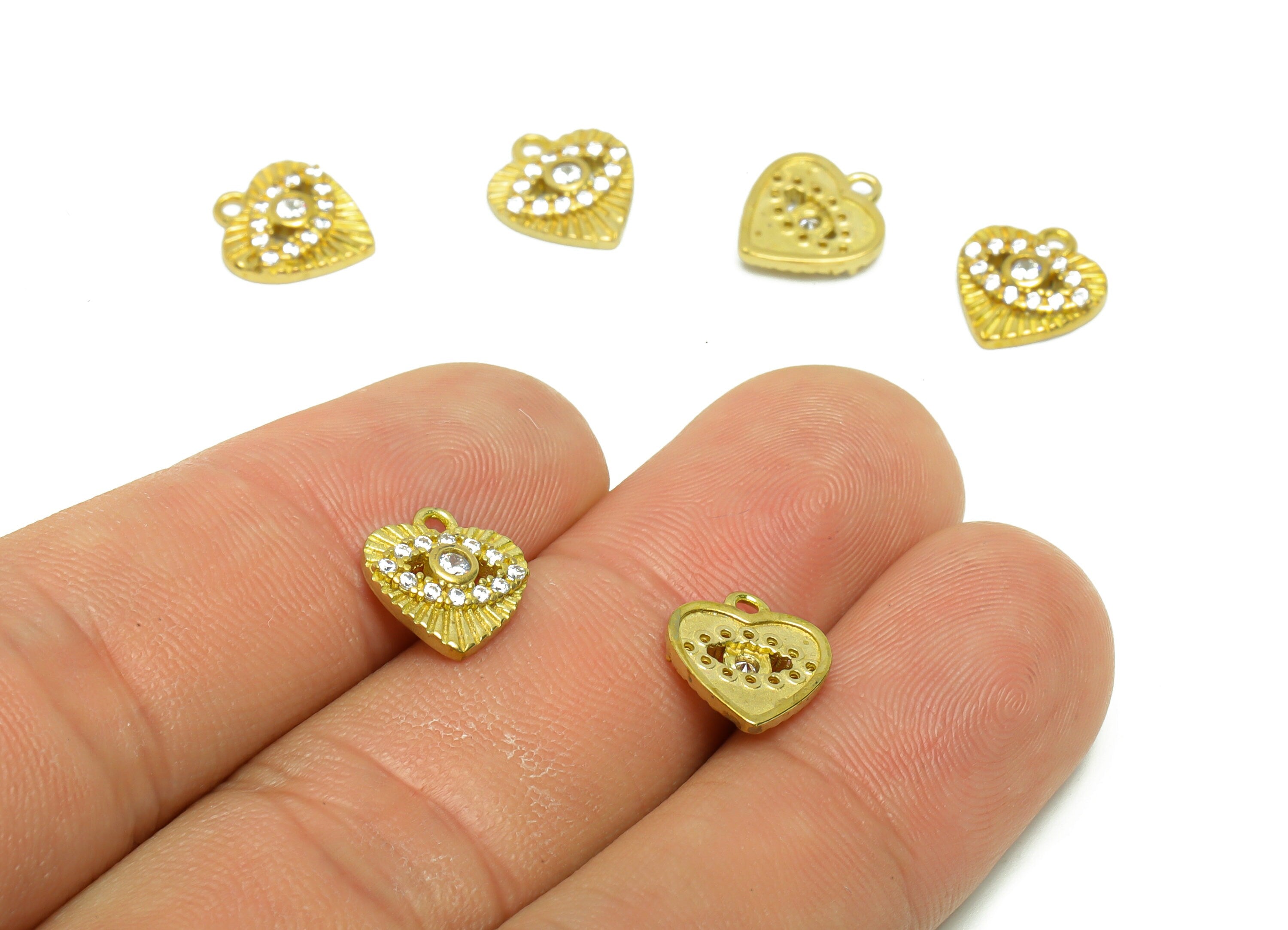 Brass Heart Earring Charm - Raw Brass Eye Pendant - Cubic Zircon Textured Heart Earring Charm - Cubic Heart Charm - 10.95x9.9x2mm - PP8823 - DOMEDBAZAAR