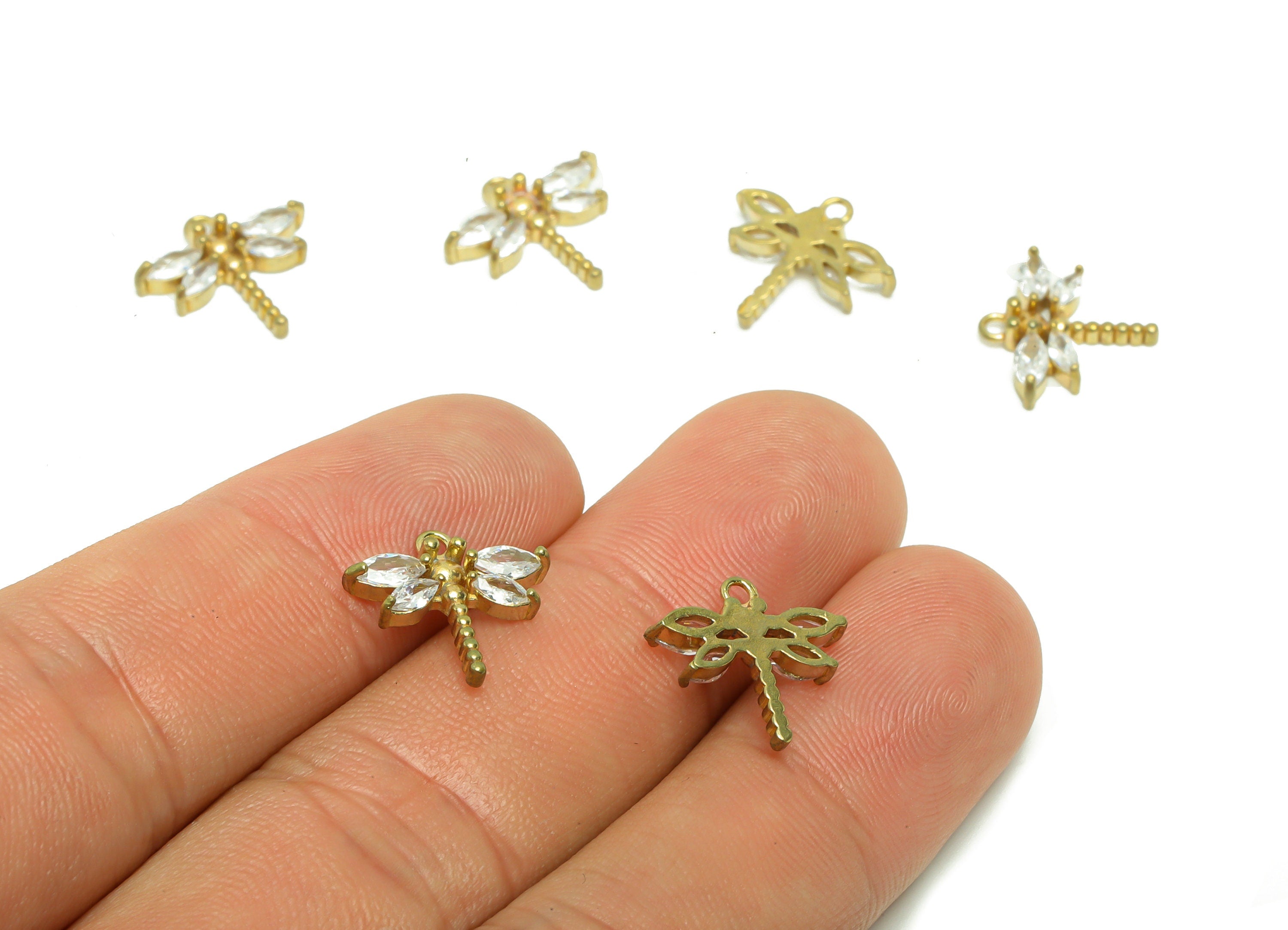 Brass Dragonfly Earring Charm - Raw Brass Dragonfly Pendant - Cubic Zircon Animal Earring Charm - Cubic Dragonfly Charm - 13x14x3mm- PP8807 - DOMEDBAZAAR
