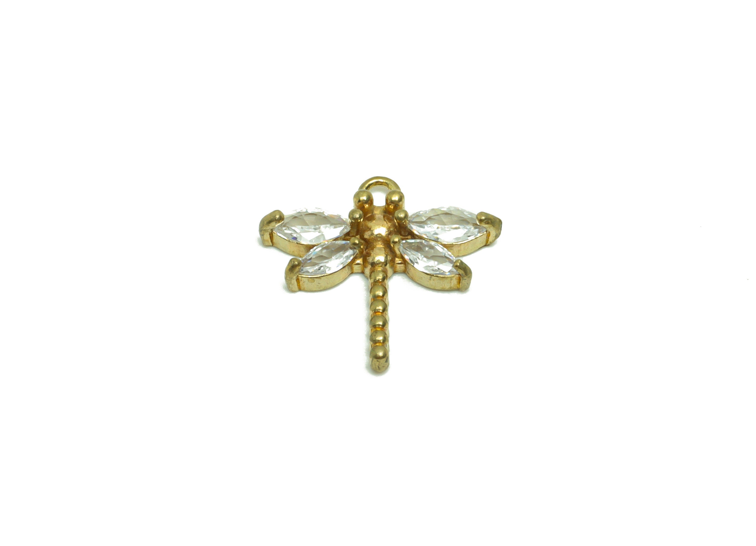 Brass Dragonfly Earring Charm - Raw Brass Dragonfly Pendant - Cubic Zircon Animal Earring Charm - Cubic Dragonfly Charm - 13x14x3mm- PP8807 - DOMEDBAZAAR