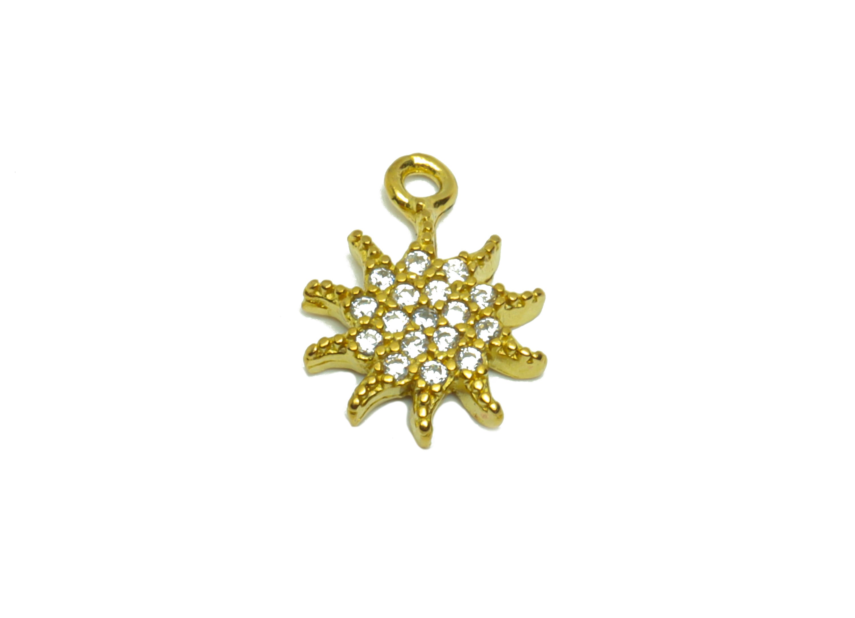 Brass Flower Earring Charm - Raw Brass Sunshine Pendant - Cubic Zircon Sun Earring Charm - Mini Bracelet Charm - 11.51x8.75x1.77mm- PP8797 - DOMEDBAZAAR