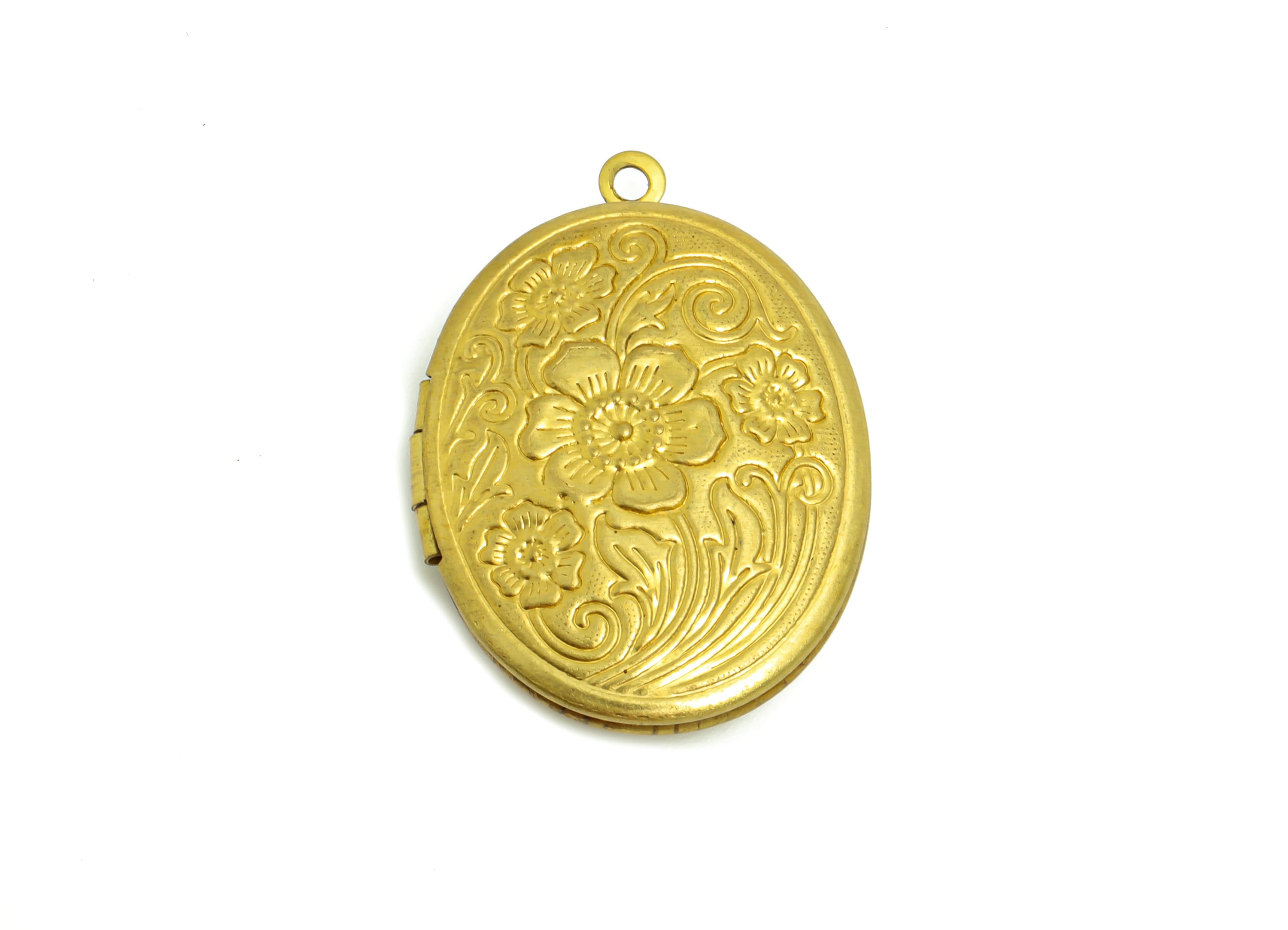Brass Oval Locket Charm - Raw Brass Flower Oval Locket Charms - Antique Looking Locket - Vintage Looking Locket- 33.49x23.59x6.76mm - PP8935 - DOMEDBAZAAR