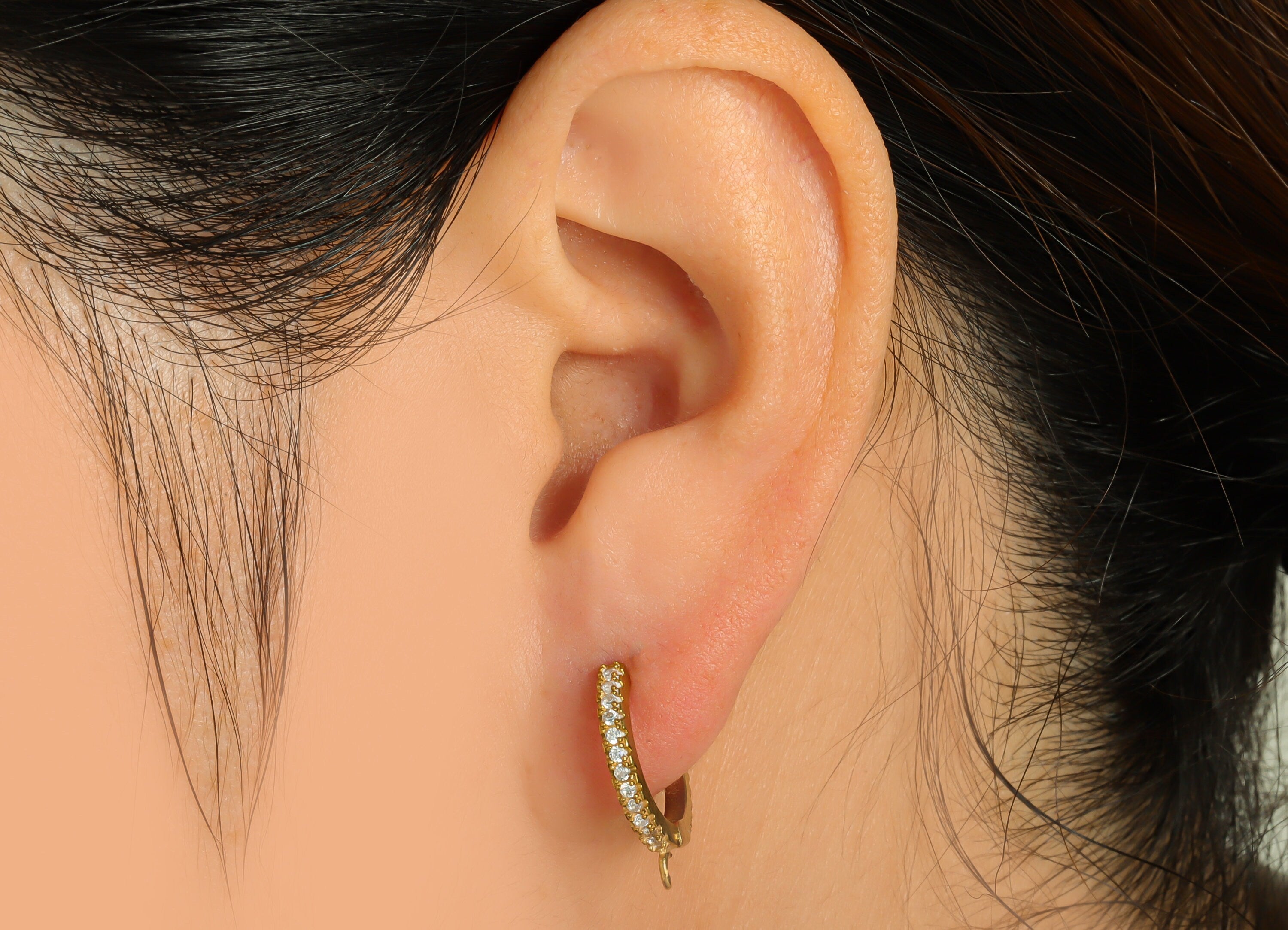 Huggie Hoop Earring With Loop - Zircon Huggies with Open Ring - Raw Brass Clasp Hoop Earring - Zirconia Hoop Clasp - 17.3x17x2mm - PP8831 - DOMEDBAZAAR