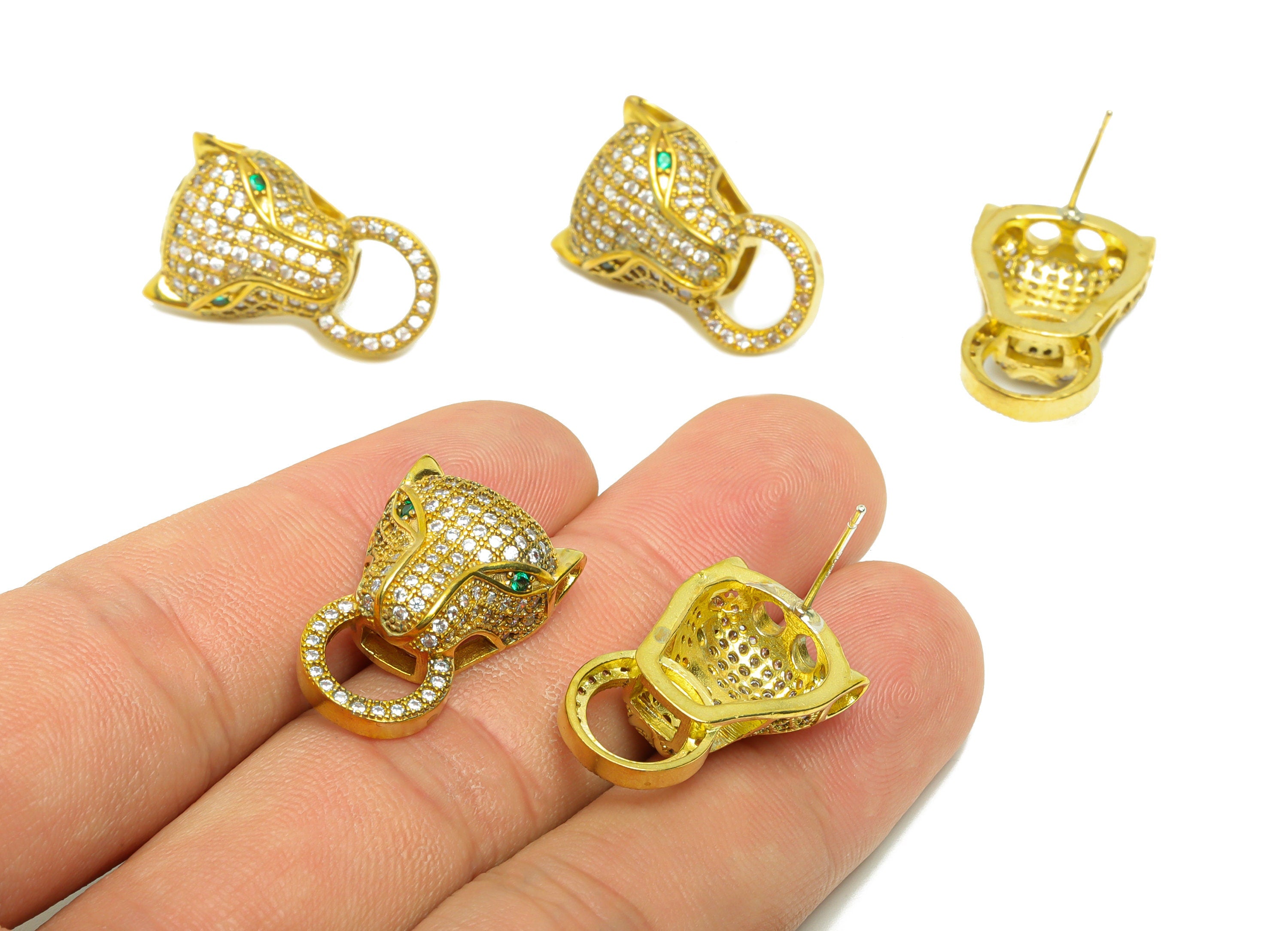 Brass Leopard Earring Stud - Raw Brass Tiger Post - Cubic Zircon Jaguar Earring Post - Zircon Circle Earring Post - 23x14x0.7mm - PP8813 - DOMEDBAZAAR